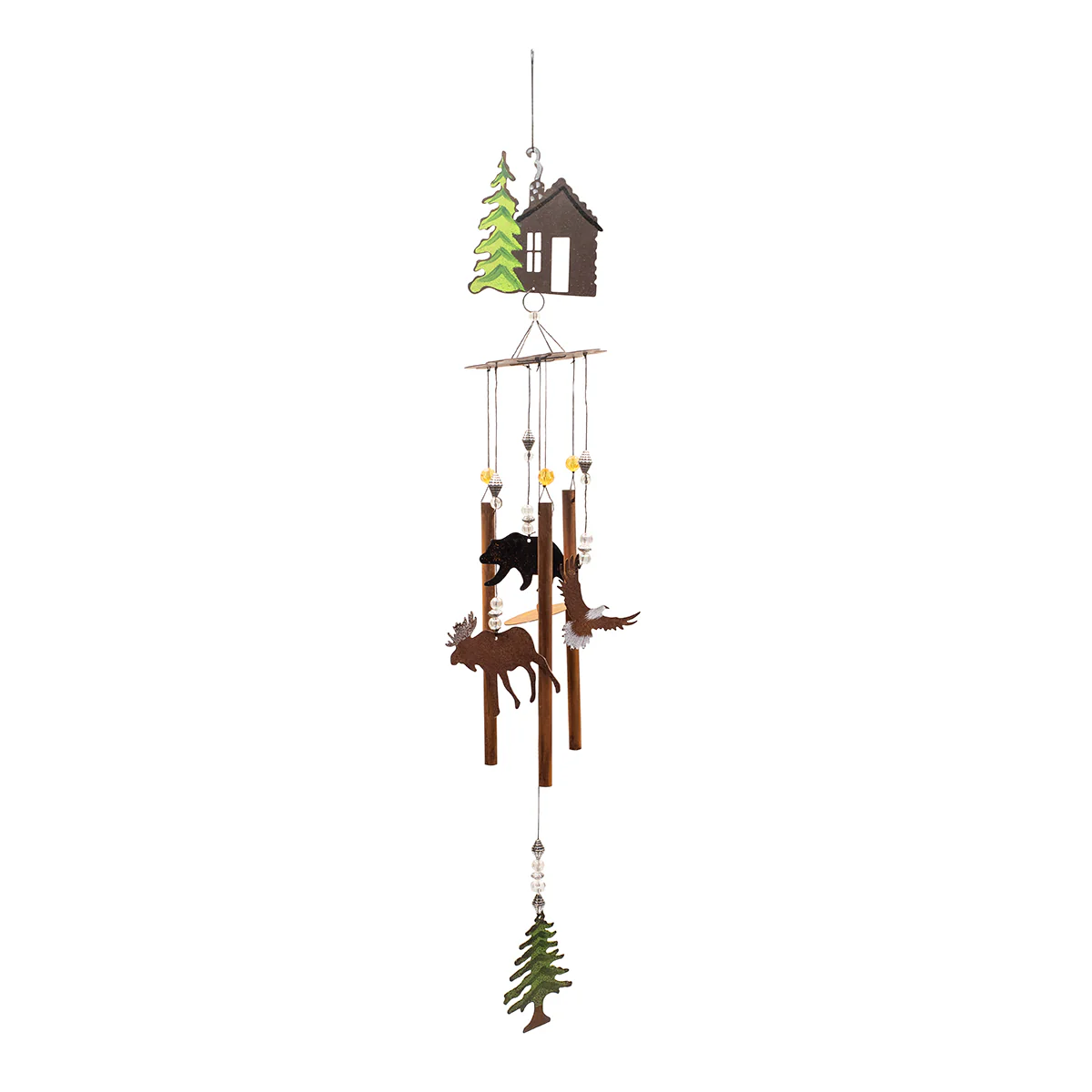 Great Outdoor Metal Hunting Cabin Moose Eagle Bear Wind Chime Sculpture Yard Art