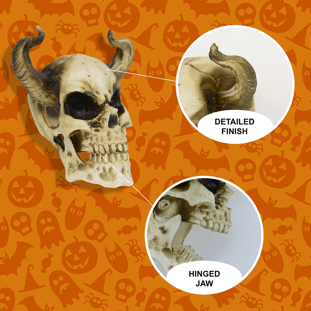 Horned Devil Human Skull Skeleton Head Moving Jaw Indoor Halloween Party Decor - Image 3