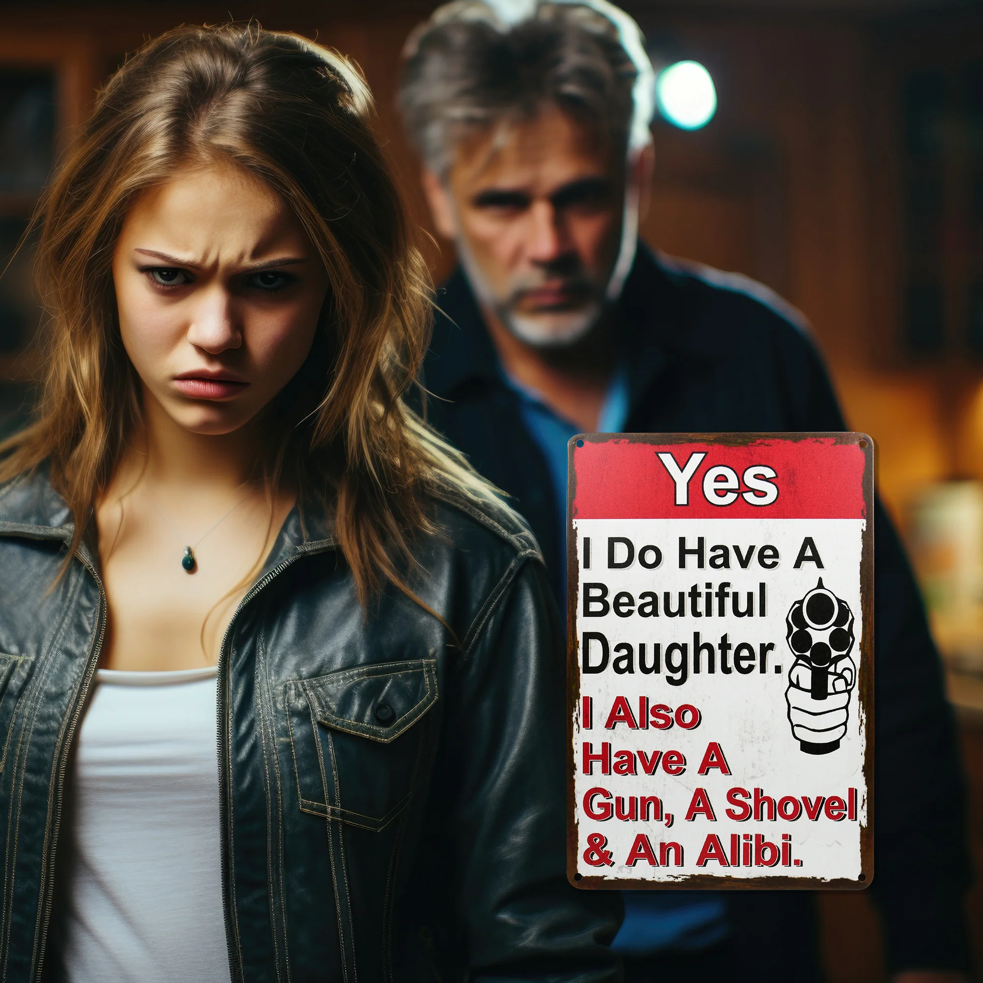 Funny Yes I Have Beautiful Daughter Gun, Shovel, Alibi Metal Sign Man Cave Decor - Image 6