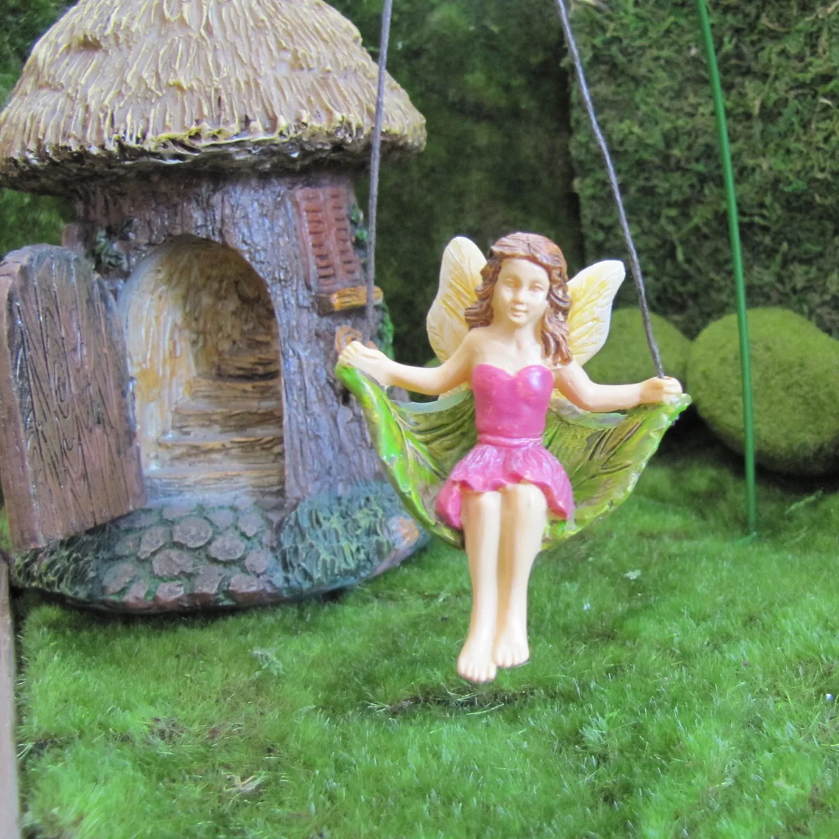 Leaf Tree Swing Fairy Girl Miniature Figurine Garden Accessory Dollhouse Supply - Image 3