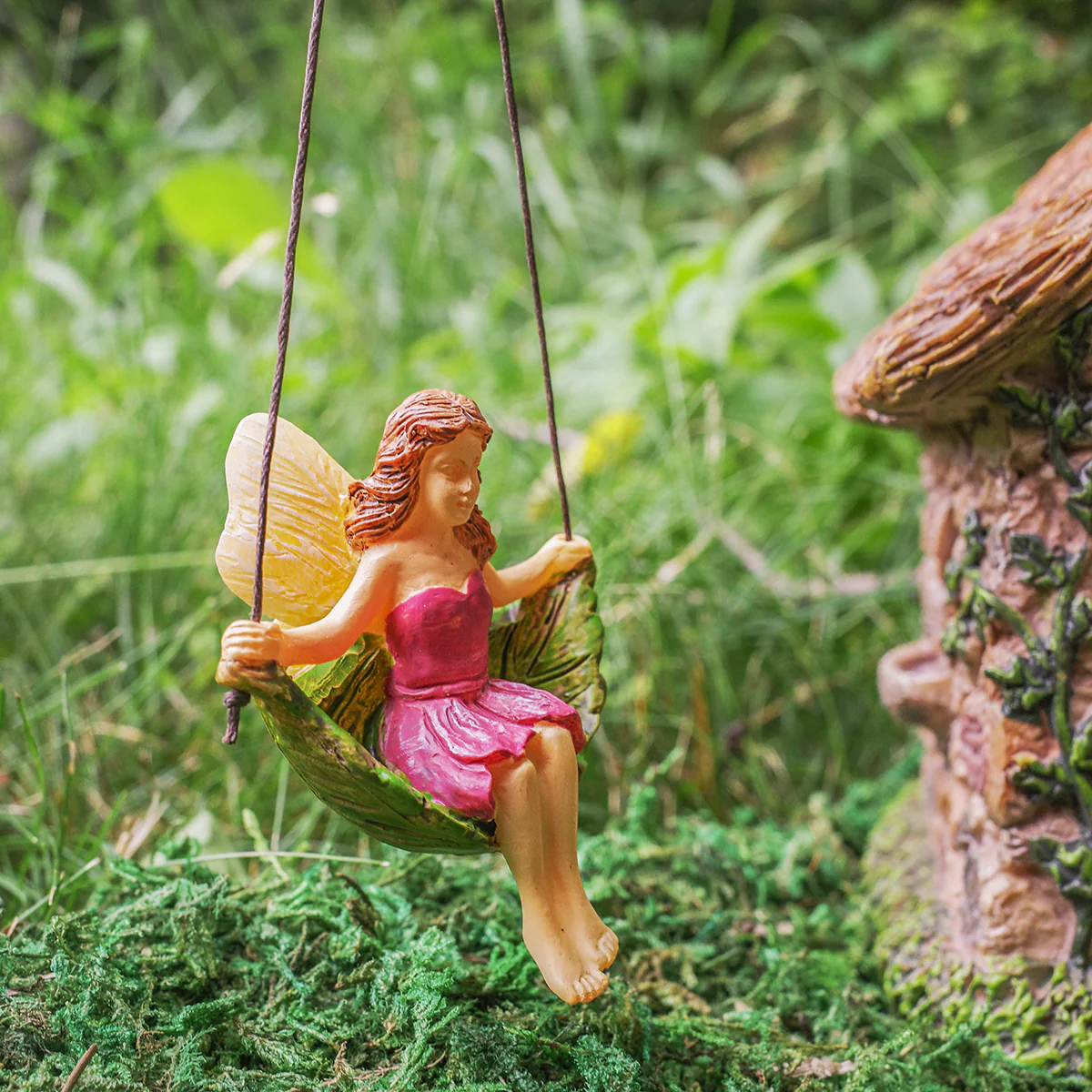 Leaf Tree Swing Fairy Girl Miniature Figurine Garden Accessory Dollhouse Supply - Image 5
