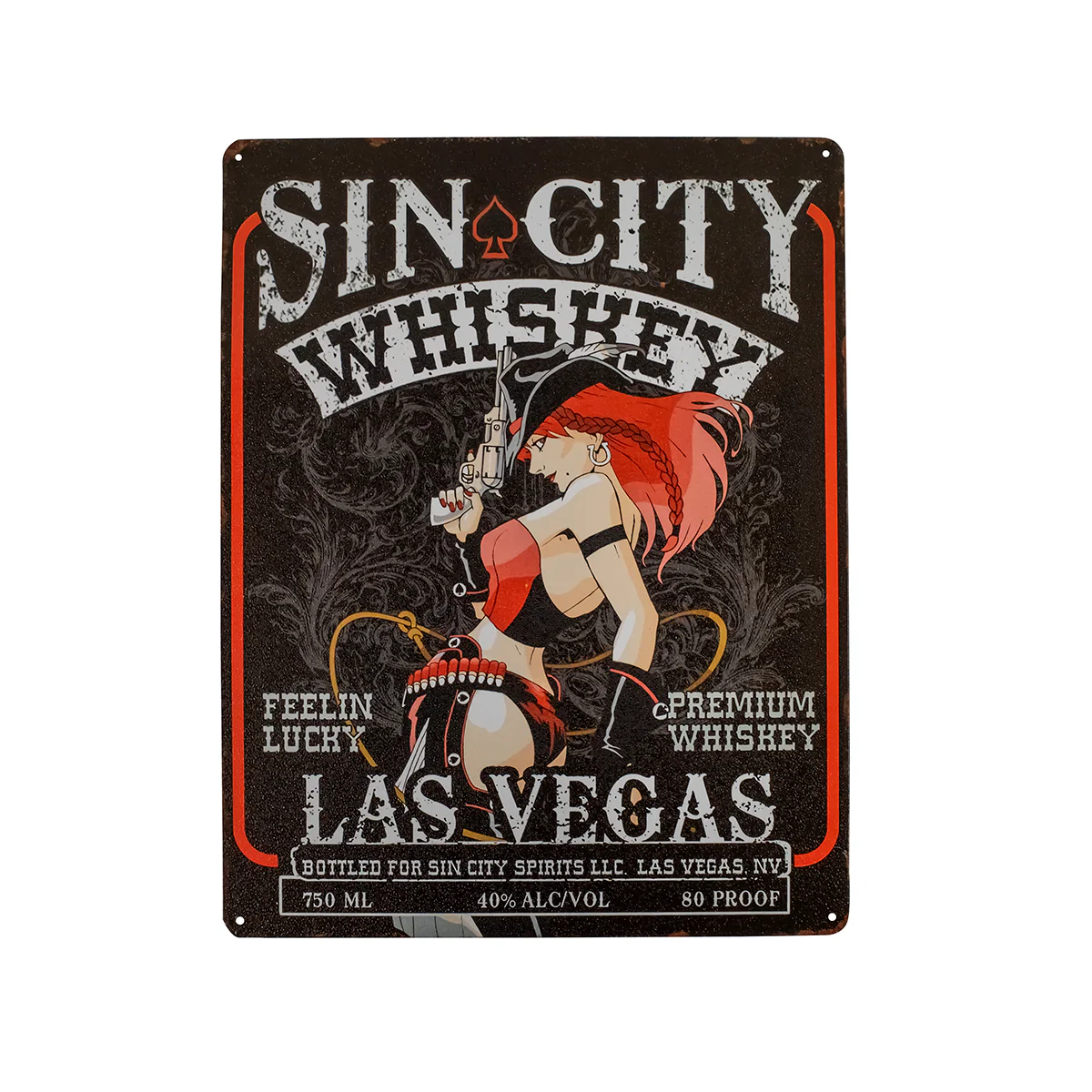 Lg Sin City Whiskey Pinup Girl Tin Wall Sign Western Bar Man Cave Garage Decor