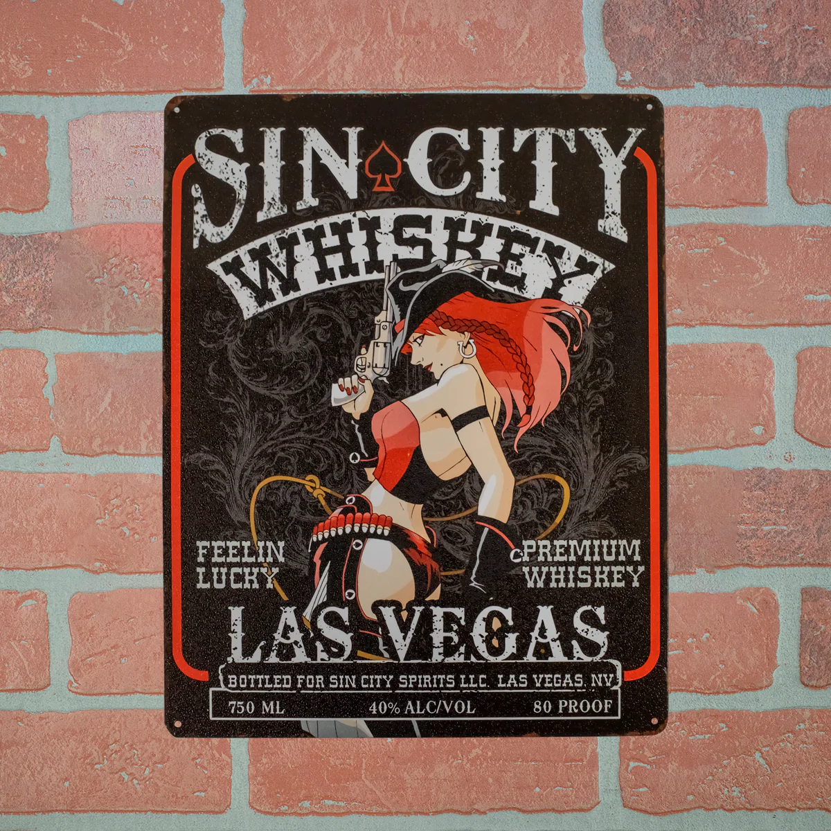 Lg Sin City Whiskey Pinup Girl Tin Wall Sign Western Bar Man Cave Garage Decor - Image 2