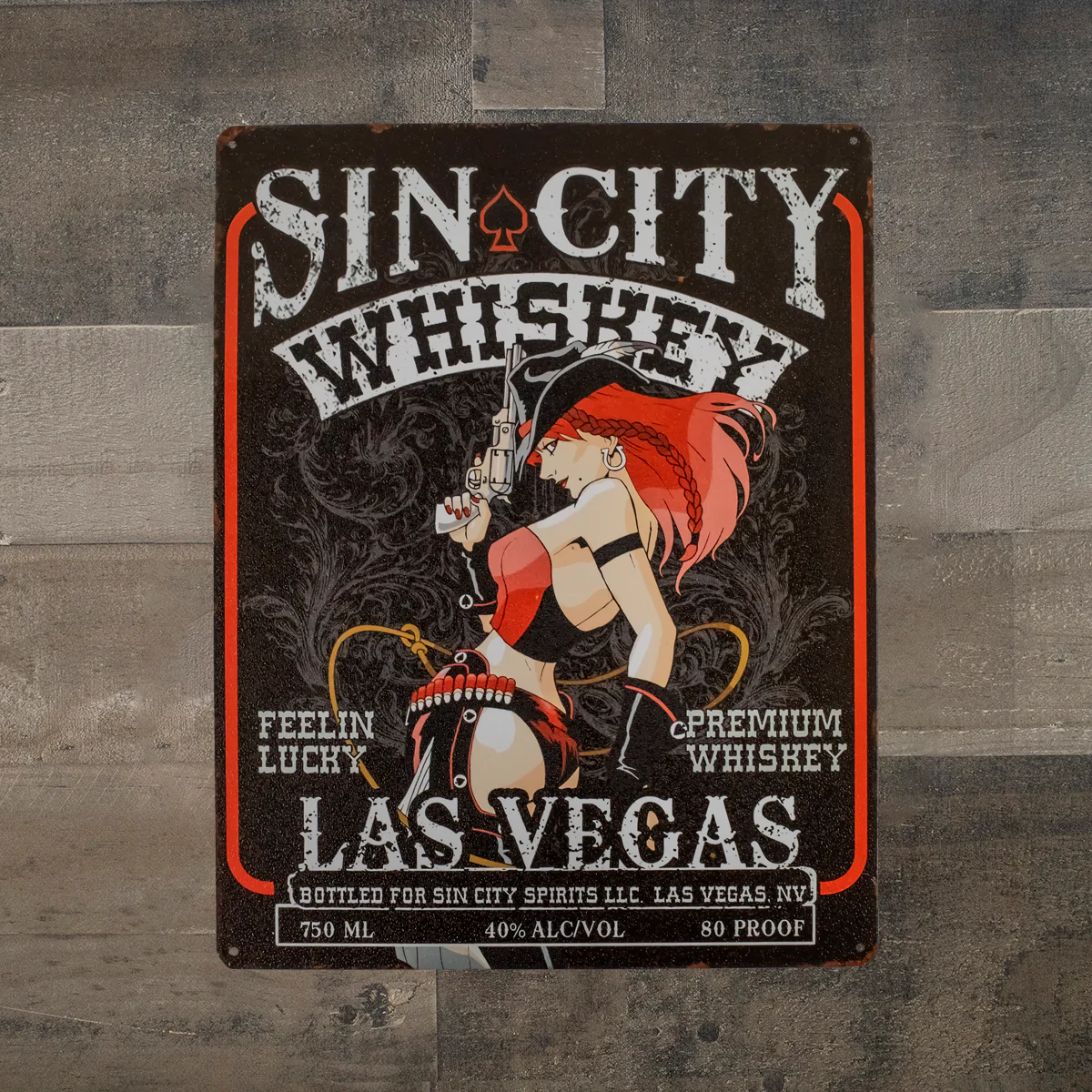 Lg Sin City Whiskey Pinup Girl Tin Wall Sign Western Bar Man Cave Garage Decor - Image 3