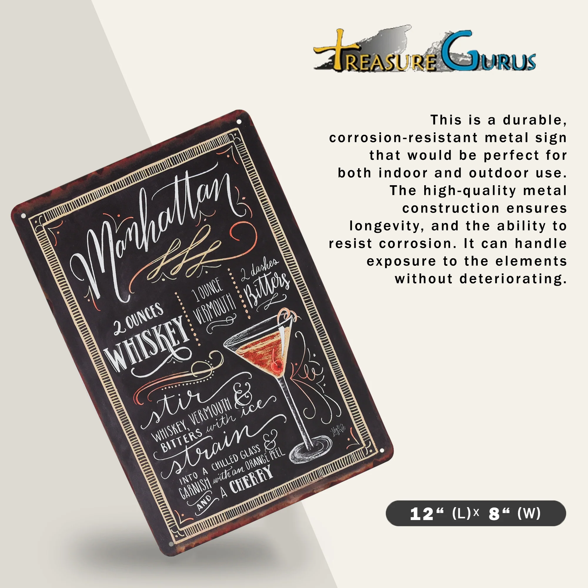 Metal Manhattan Cocktail Recipe Sign Wall Art for Bar Cart, Apartment Home Decor - Image 2