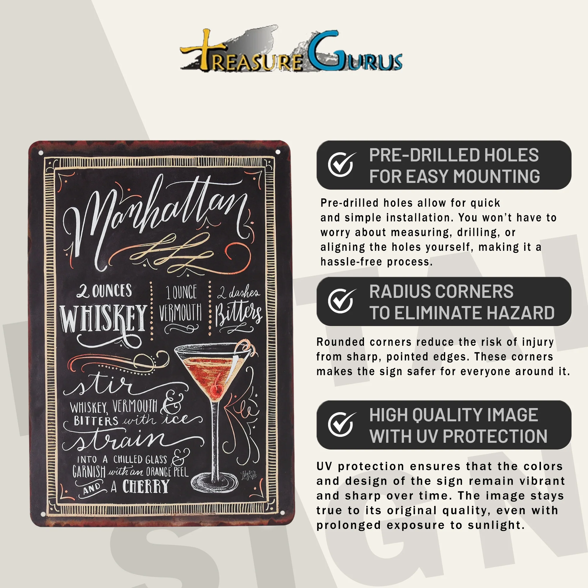 Metal Manhattan Cocktail Recipe Sign Wall Art for Bar Cart, Apartment Home Decor - Image 3