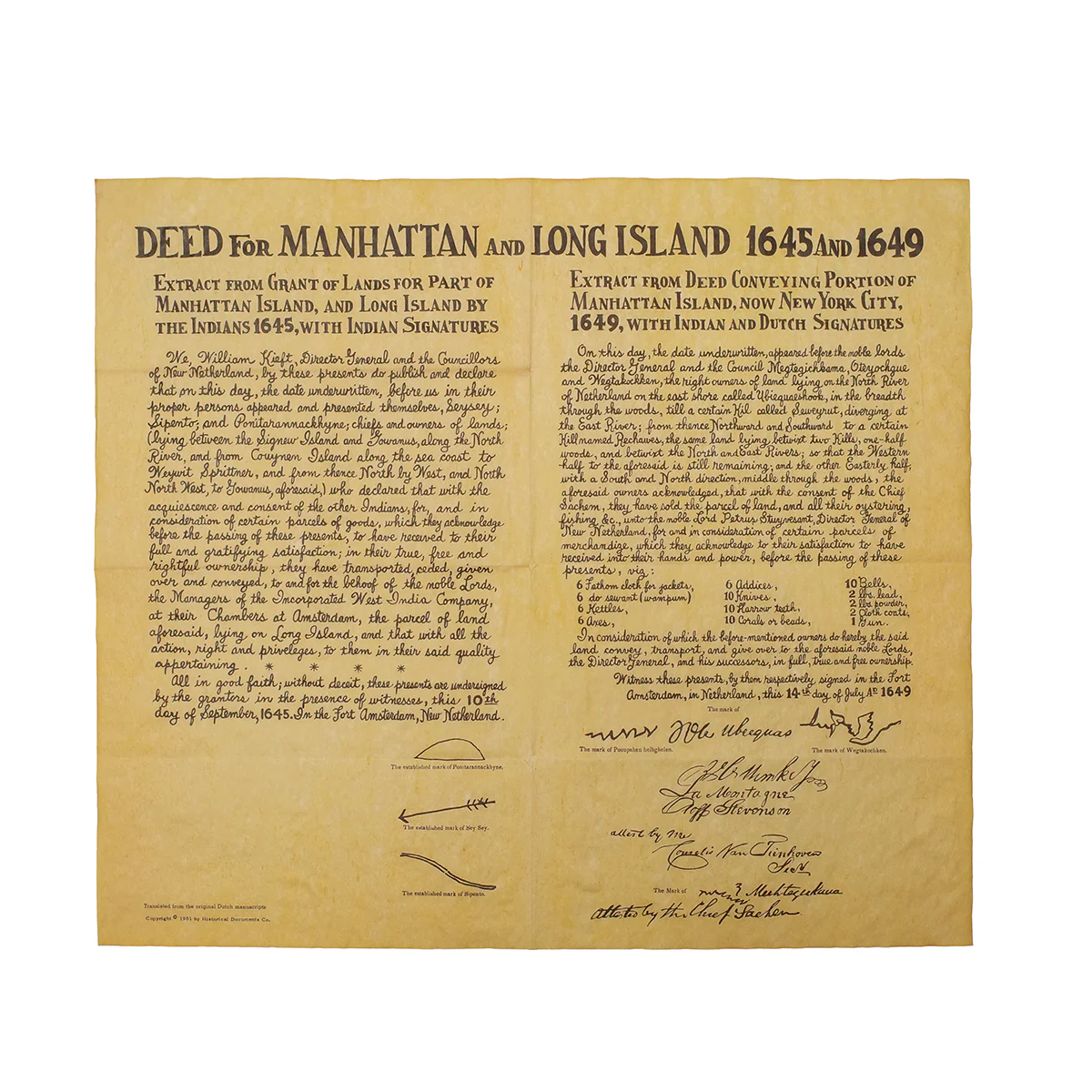 Manhattan Long Island Deed Parchment Paper Poster New York Home Decor Wall Art