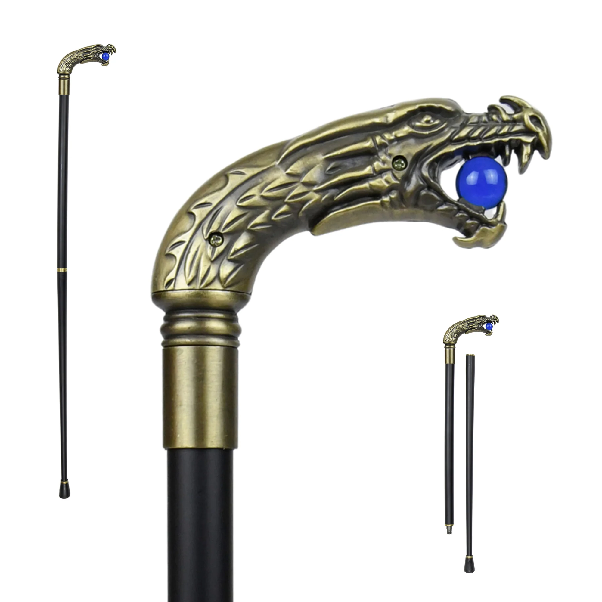 Medieval Gothic Solid Brass Chinese Dragon Head Cane Metal Shaft Walking Stick