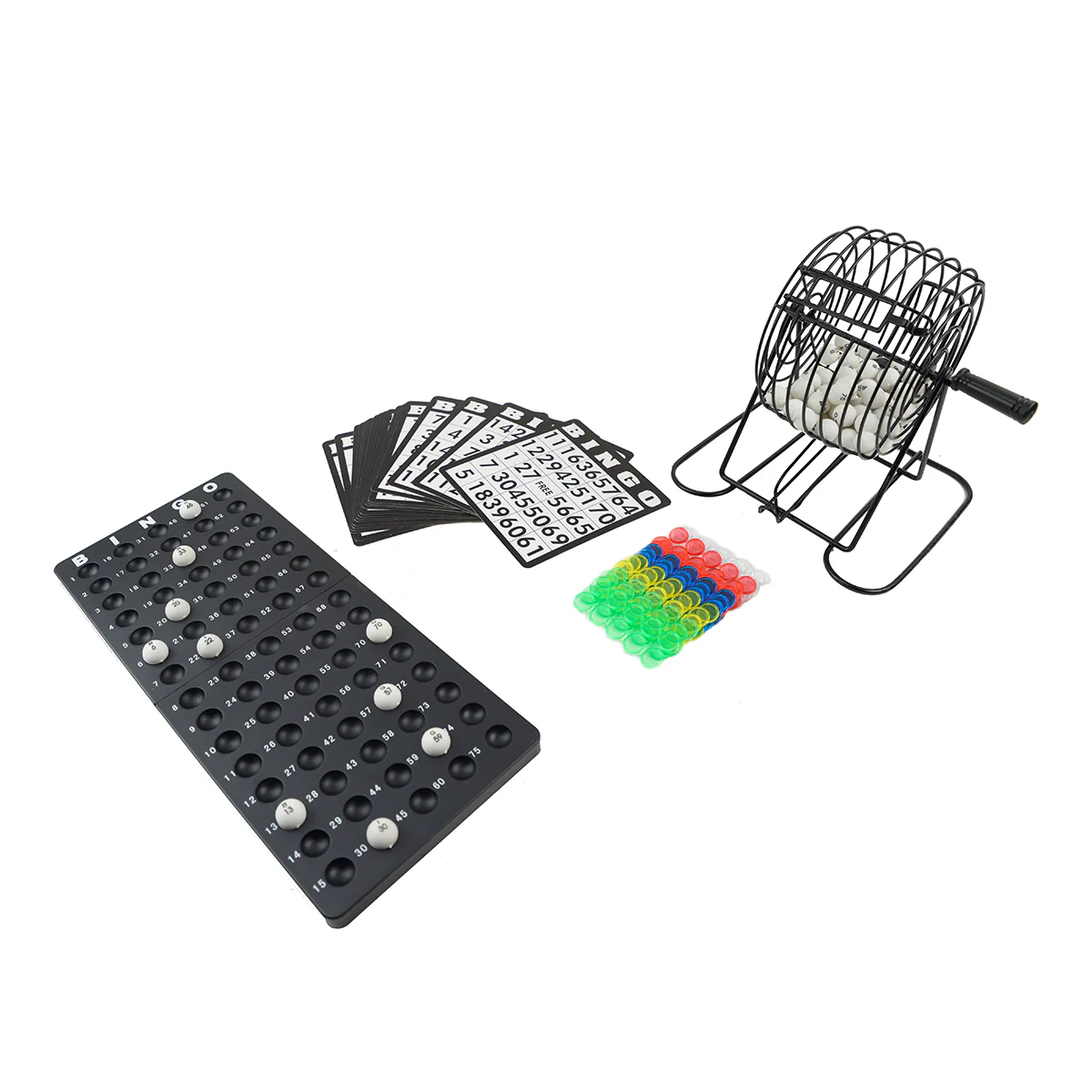 Metal Bingo Ball Drawing Tumbler Rolling Wire Cage Cards Chips Game Spinner Set