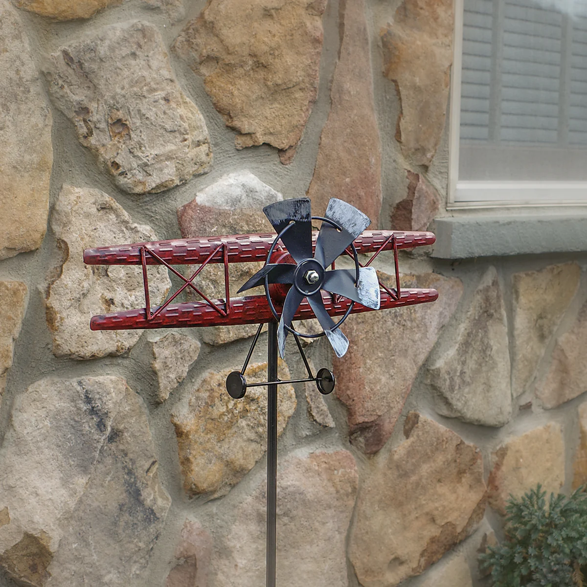 Metal Biplane Wind Spinner 3D Kinetic Yard Decor Garden Art Airplane Patio Stake - Image 4