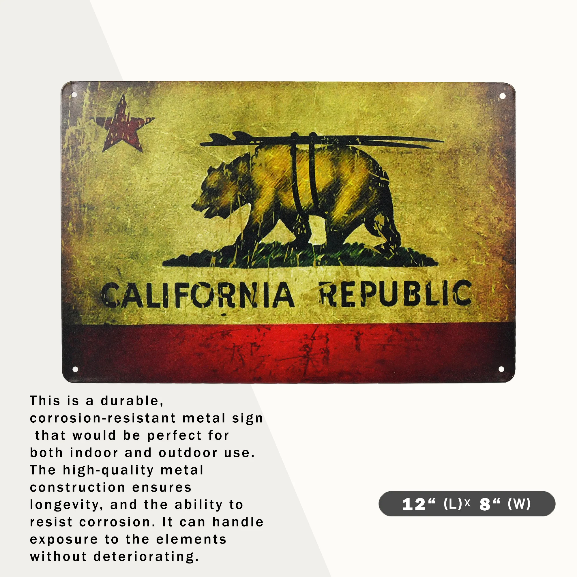Metal California Flag Bear Surfing Sign Wall Art Cool Stuff Boys Room Decor 12x8 - Image 2