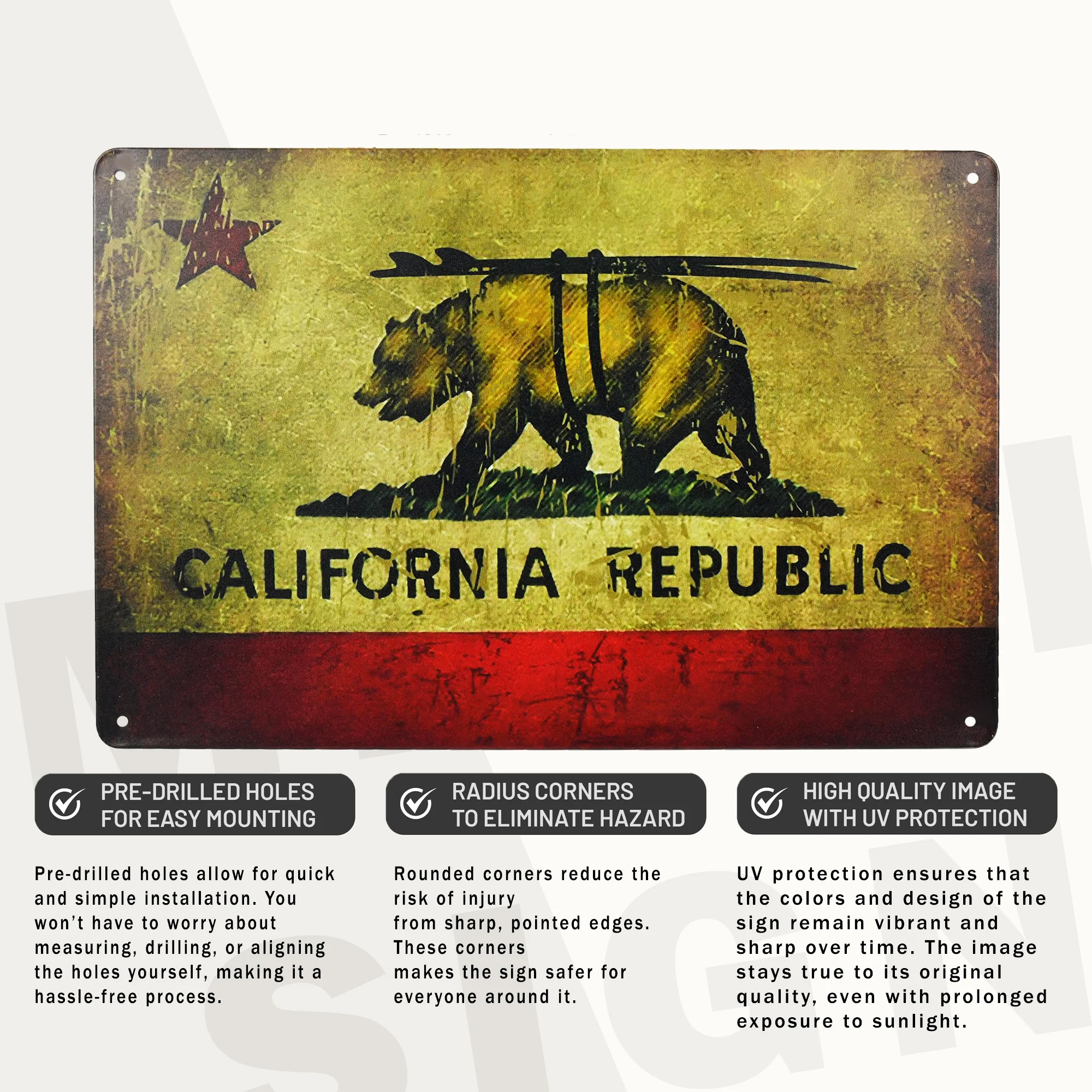 Metal California Flag Bear Surfing Sign Wall Art Cool Stuff Boys Room Decor 12x8 - Image 3