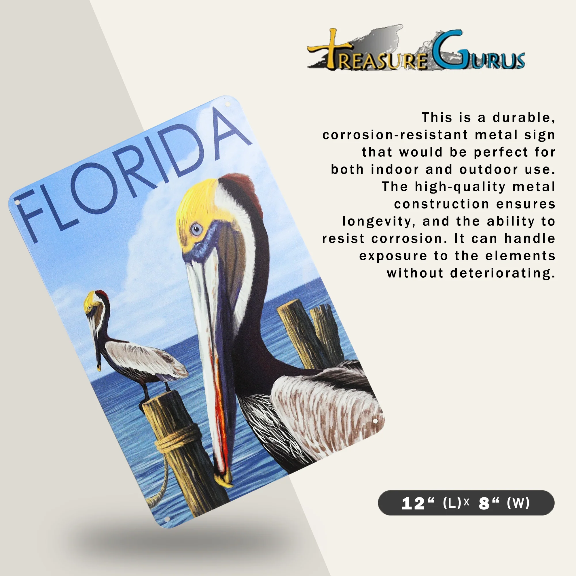 Metal Florida Pelican Sign Coastal Themed Wall Art for Office, Living Room Decor - Image 2