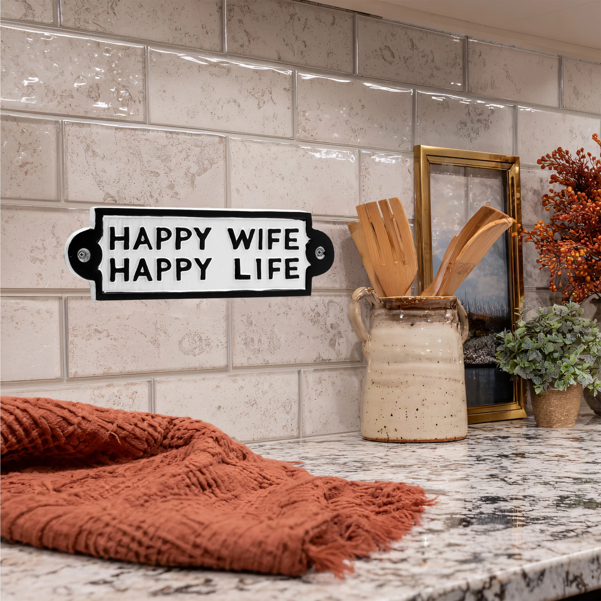 Cast Iron Happy Wife Happy Life Sign Home Decor Porch or Garage Metal Wall Art - Image 7