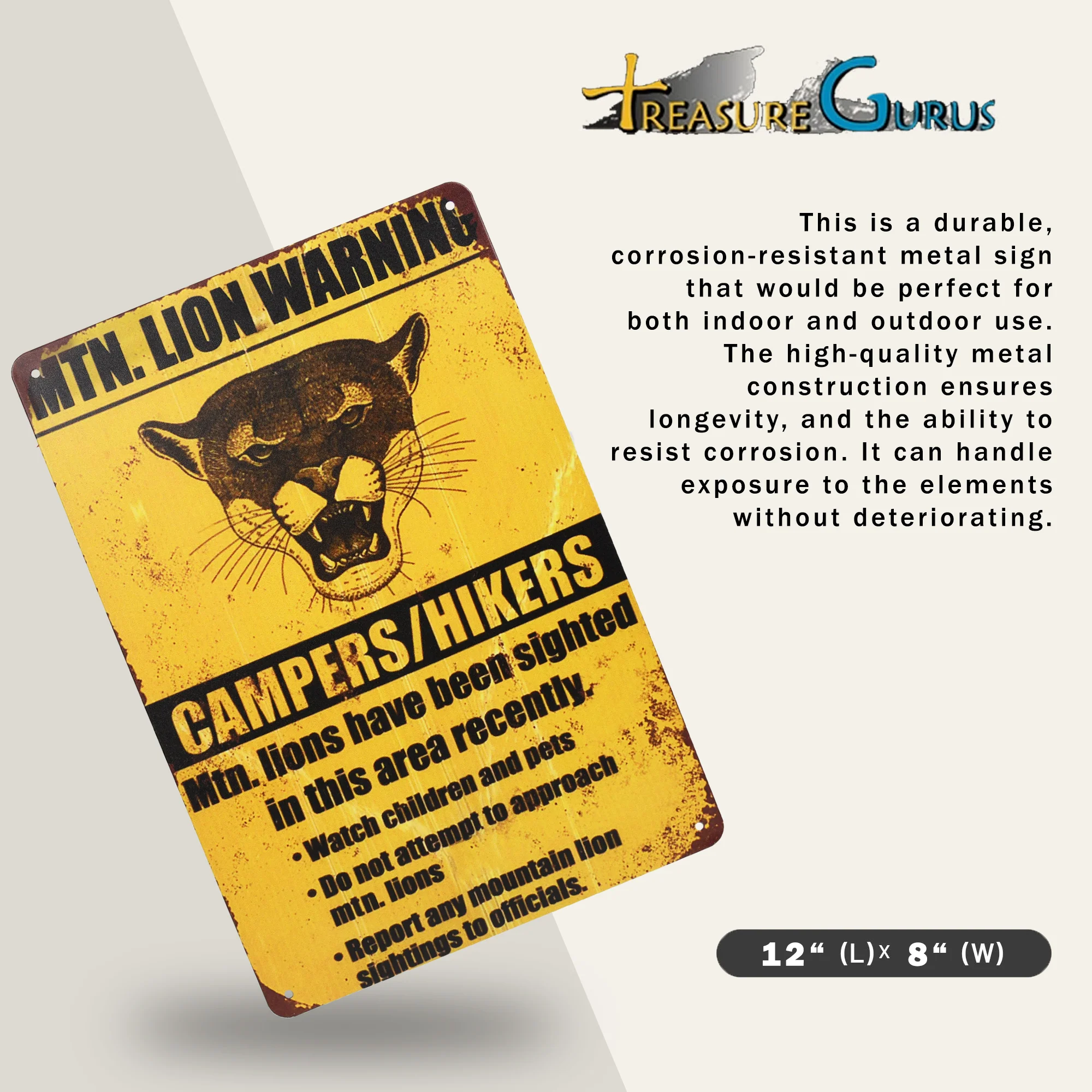 Metal Mountain Lion Warning Sign Metal Wall Art Tin Posters for Yard or Cabin - Image 3