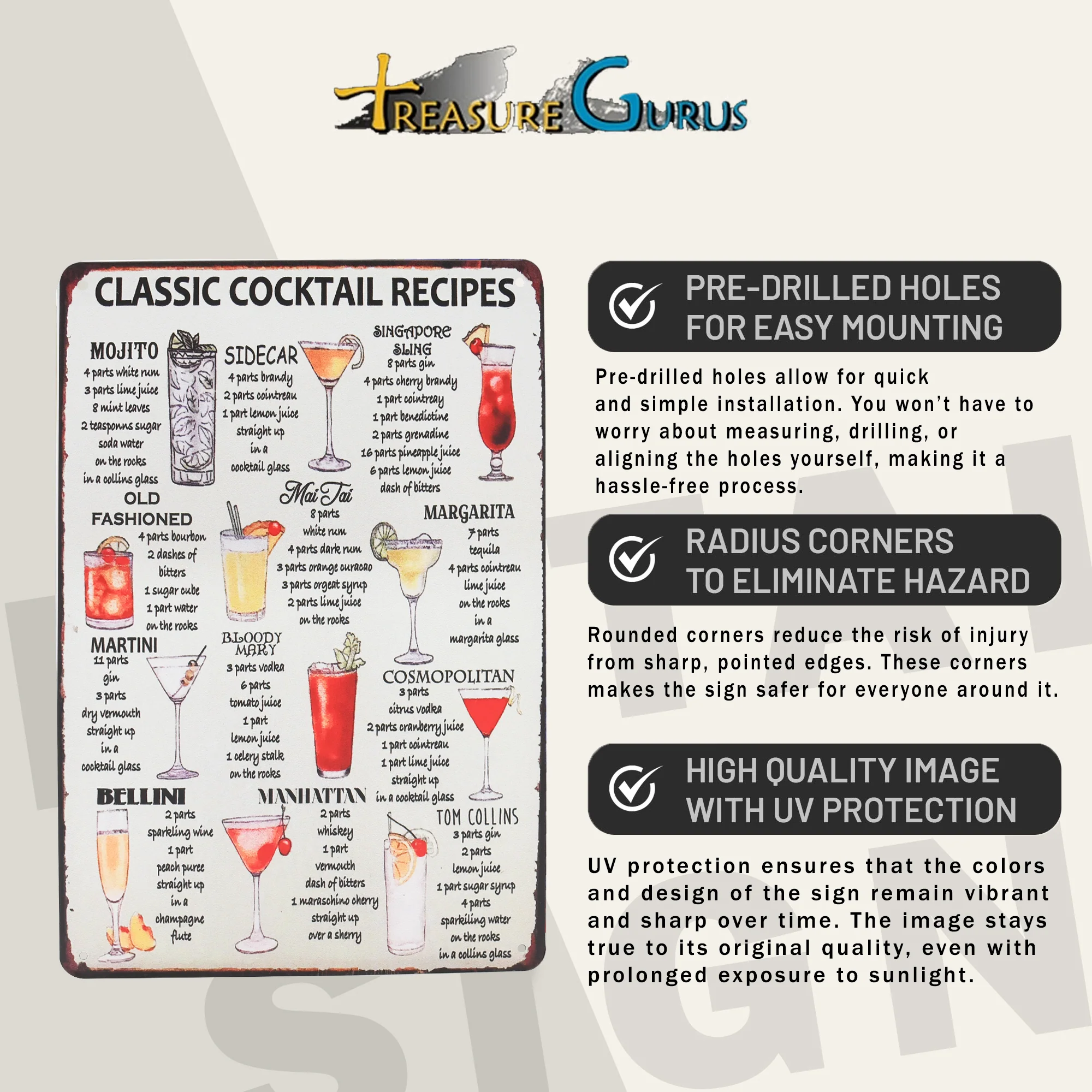 Metal Cocktail Recipes Wall Sign Vintage Poster, Kitchen Art Luau Party Supplies - Image 3