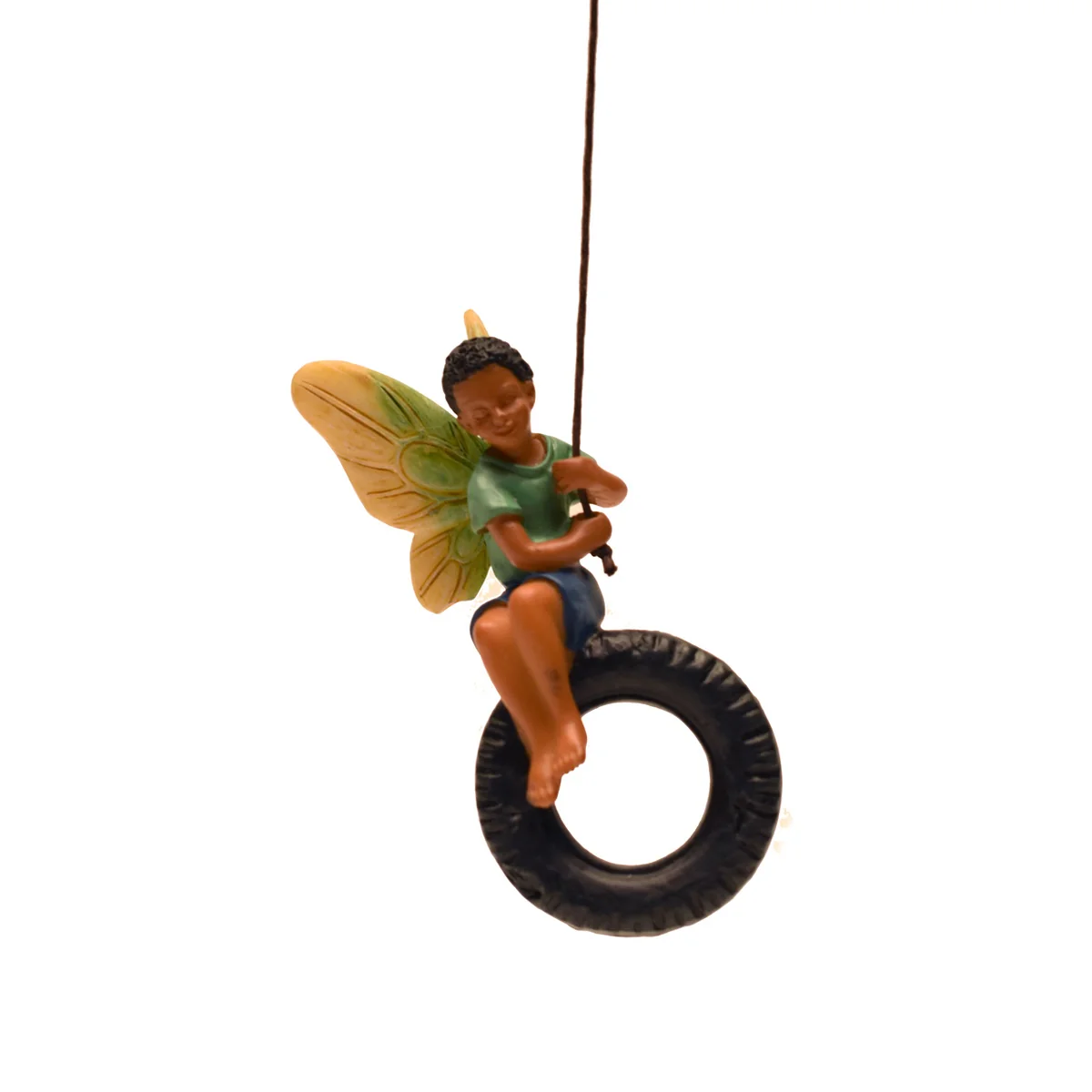 Mini Tire Swing Dark Hair Fairy Boy Figurine Garden Dollhouse Decor Accessory - Image 2