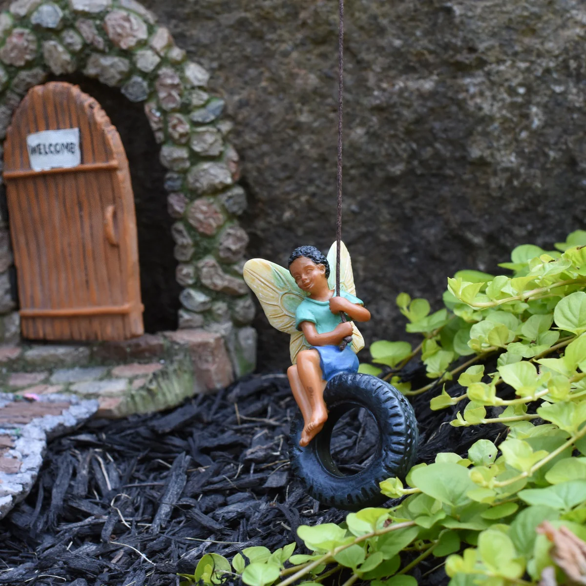 Mini Tire Swing Dark Hair Fairy Boy Figurine Garden Dollhouse Decor Accessory - Image 3