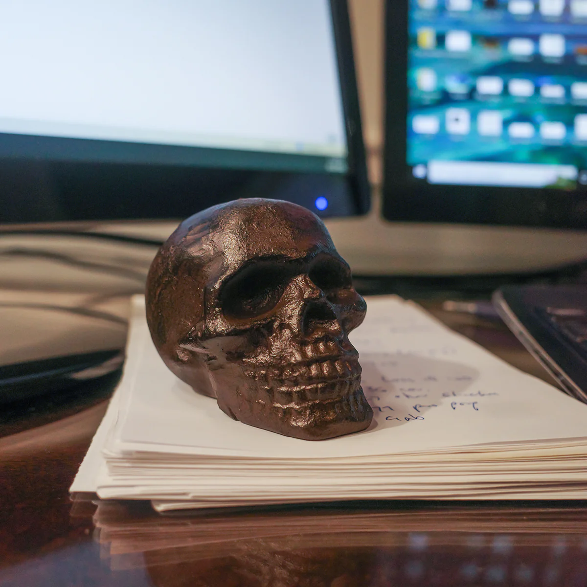 Miniature Biker Skull Figurine Mini Cast Iron Paperweight Heavyweight Desk Decor - Image 4