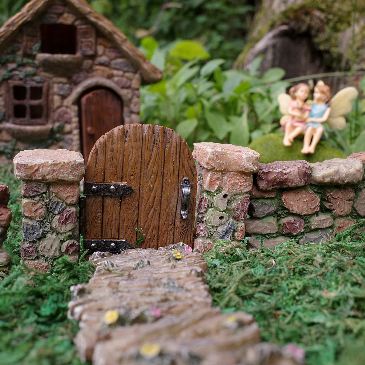Miniature Wood Gate Fairy Garden Ornament Stone Pillar Dollhouse Decor Accessory - Image 4