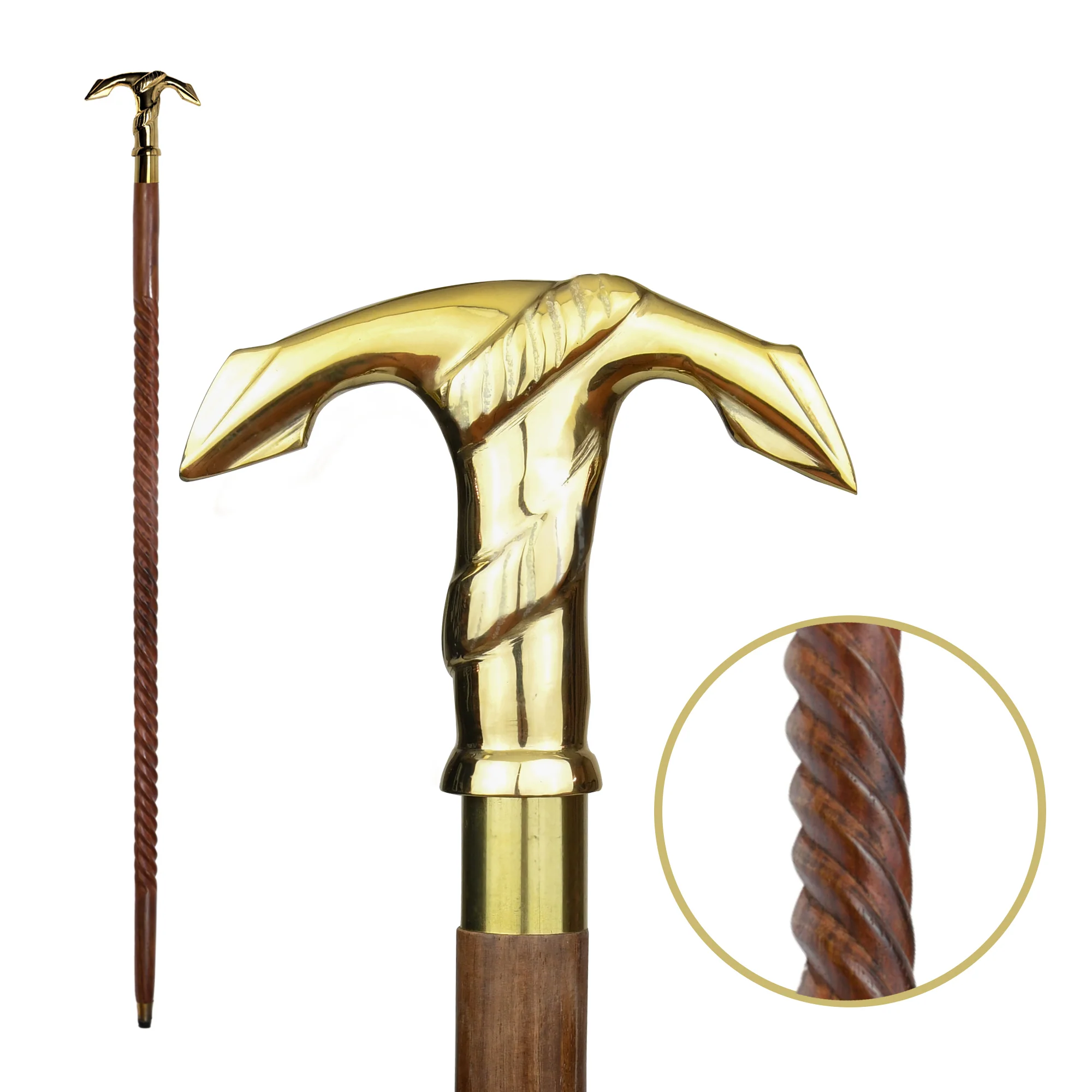 Walking Stick Nautical Anchor T Handle Brass Cane Twisted Wood Shaft Men Women