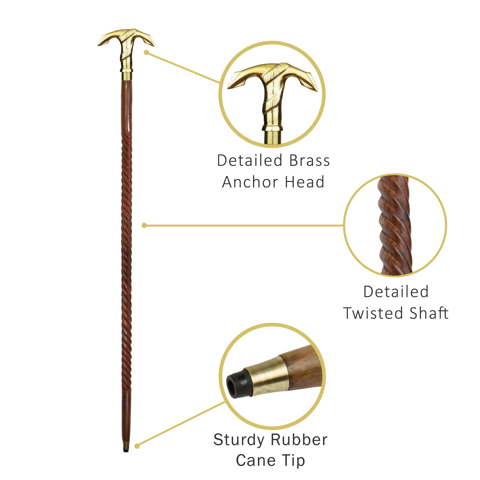 Walking Stick Nautical Anchor T Handle Brass Cane Twisted Wood Shaft Men Women - Image 3