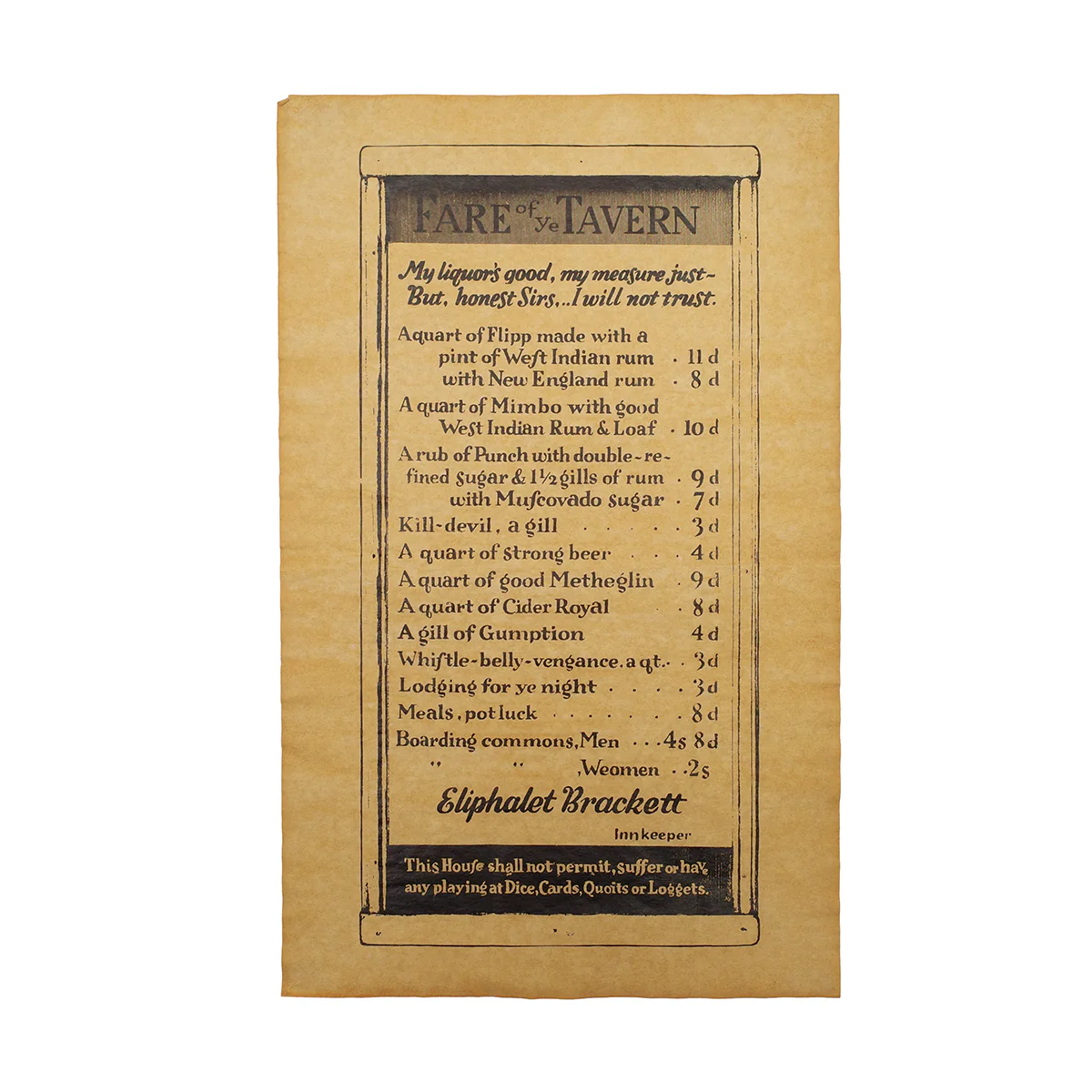 Old West Pub Fare Tavern Menu Parchment Paper Poster Bar Room Sign Western Decor