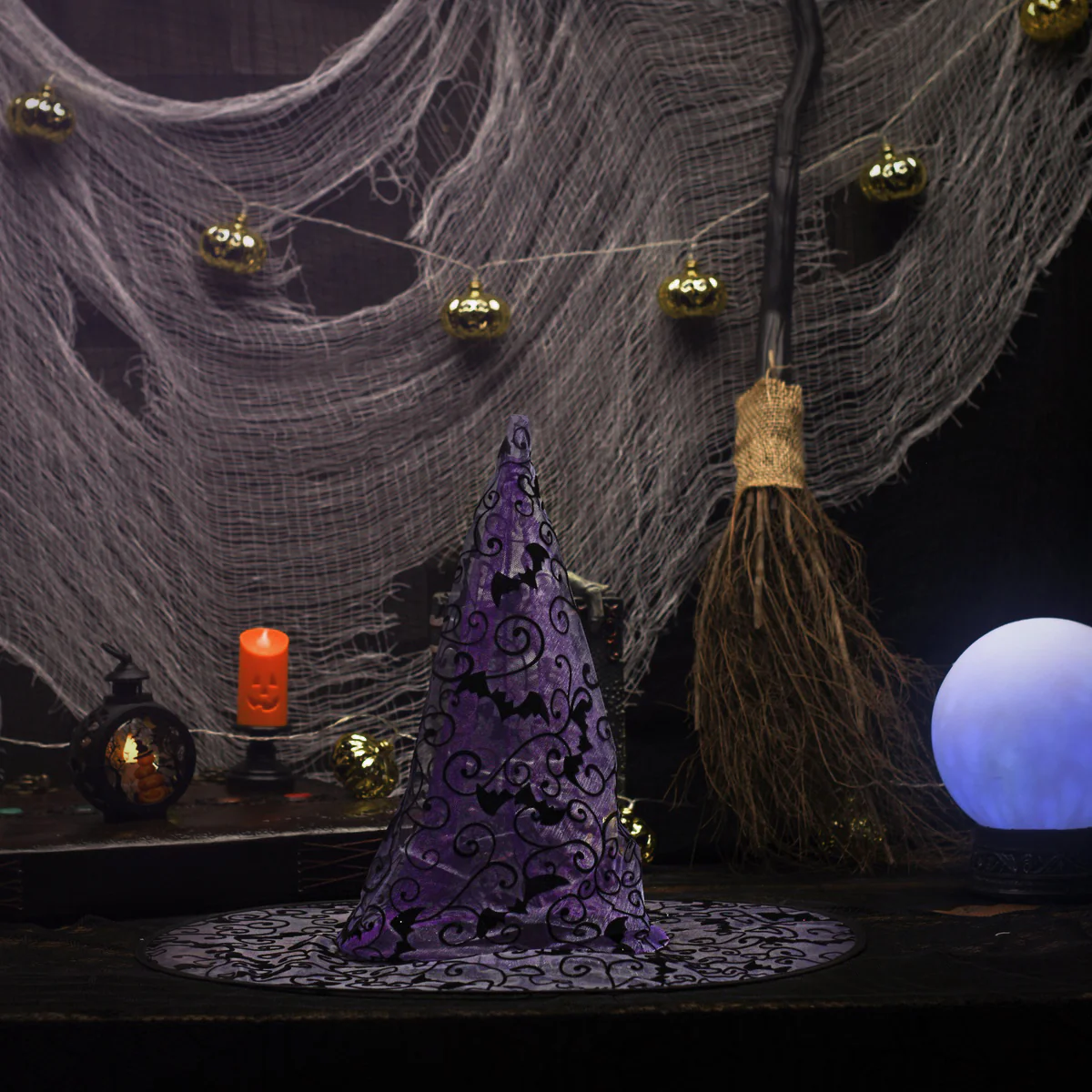 Purple Glitter Mesh Witch Hat Felt Black Bat Wizard Halloween Costume Party Hats - Image 3