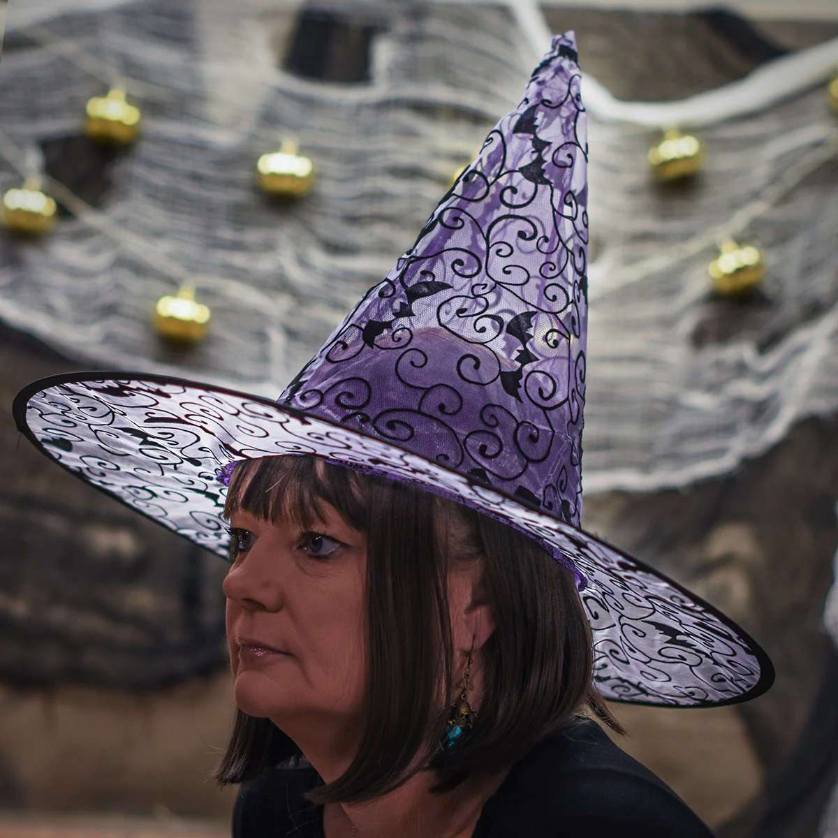 Purple Glitter Mesh Witch Hat Felt Black Bat Wizard Halloween Costume Party Hats - Image 4