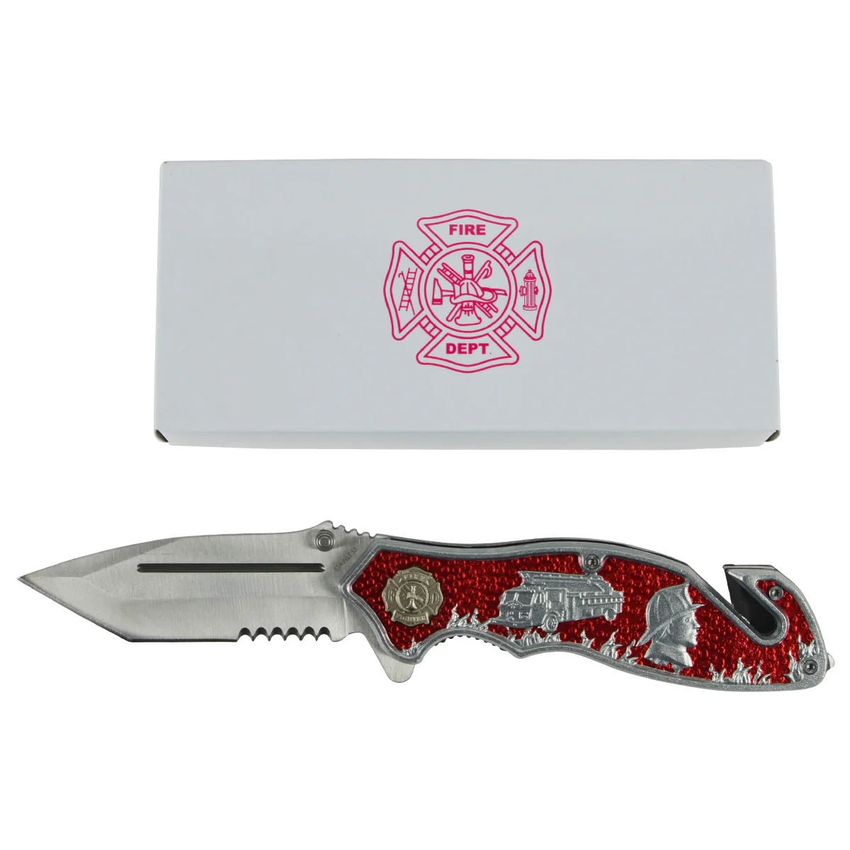 Red Folding FD Firefighter Rescue Pocket Knife - Image 2