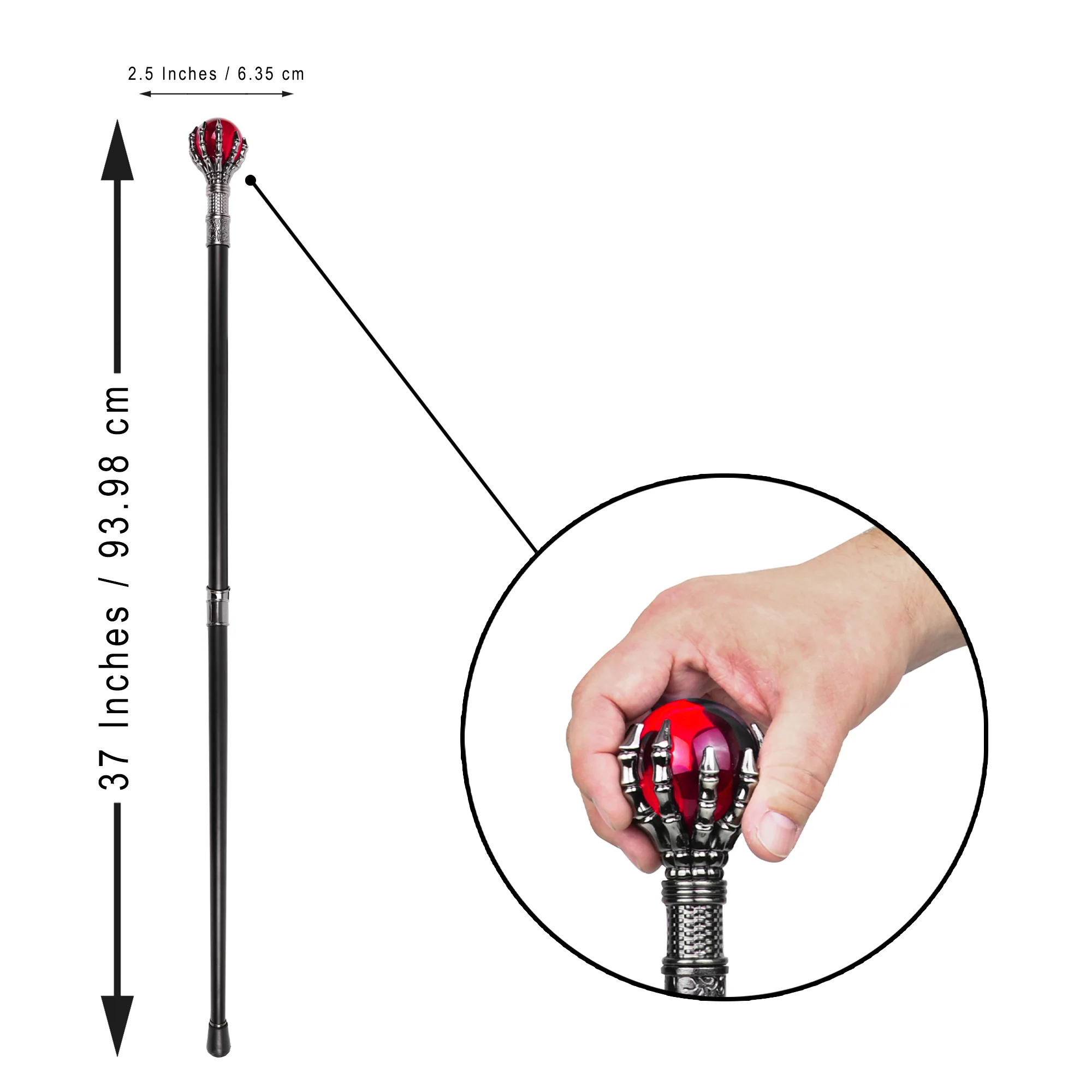 Red Glass Ball Skeleton Hand Walking Canes for Men, Women Halloween Costume 37" - Image 2