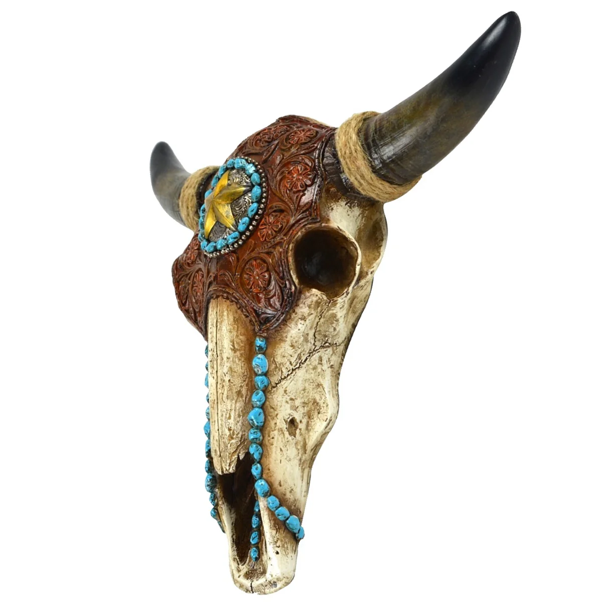 Resin & Leather Steer Skull & Horns Wall Mount Head - Image 3