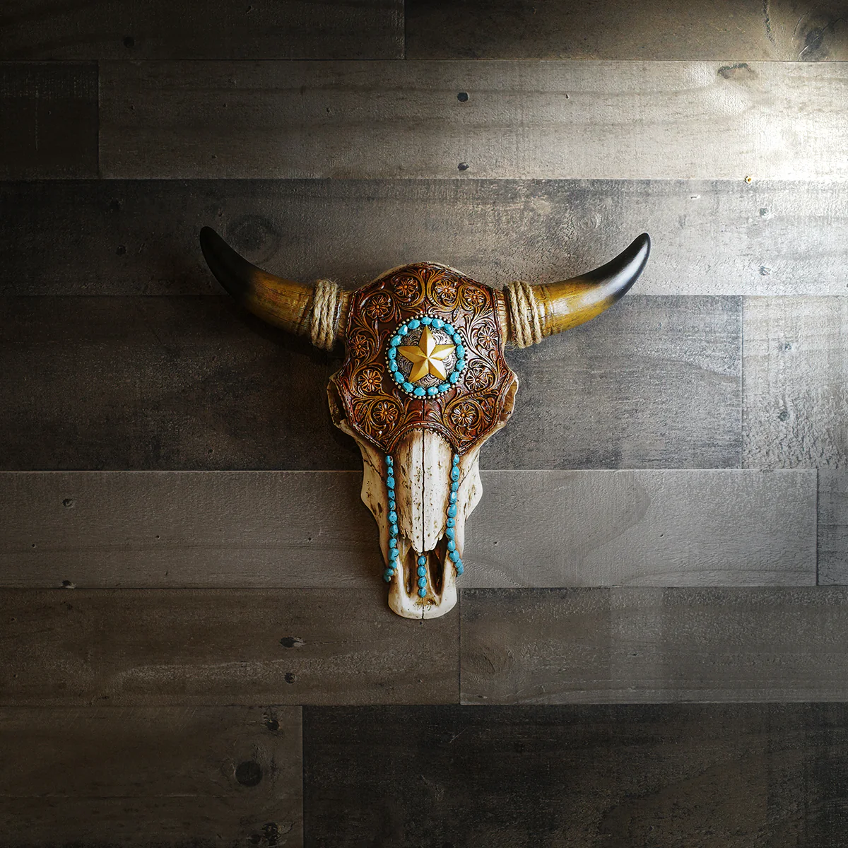 Resin & Leather Steer Skull & Horns Wall Mount Head - Image 5