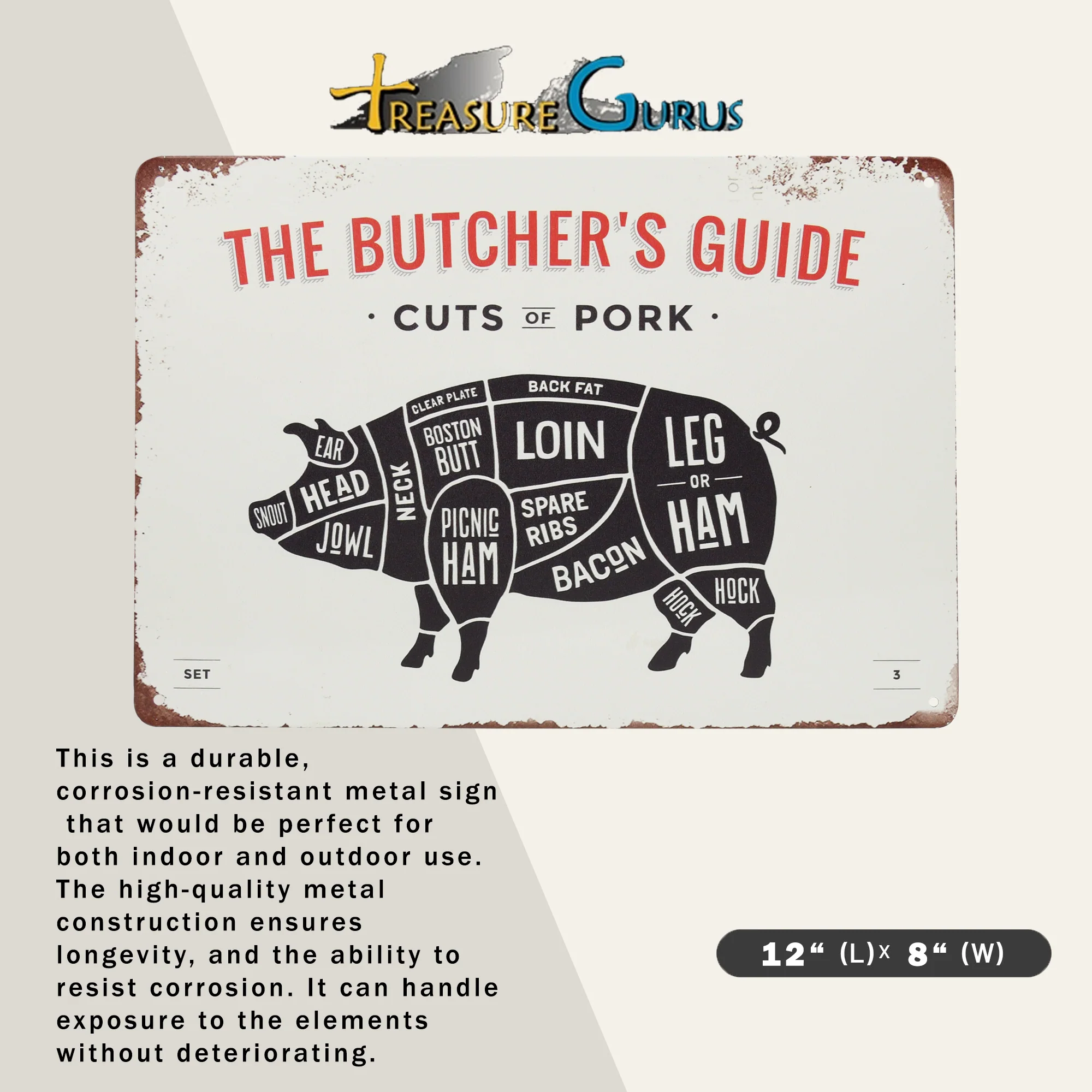 Kitchen Wall Decor Cuts of Pork Meat Sign Pig Farmhouse Pantry Wall Art Gift Men - Image 2