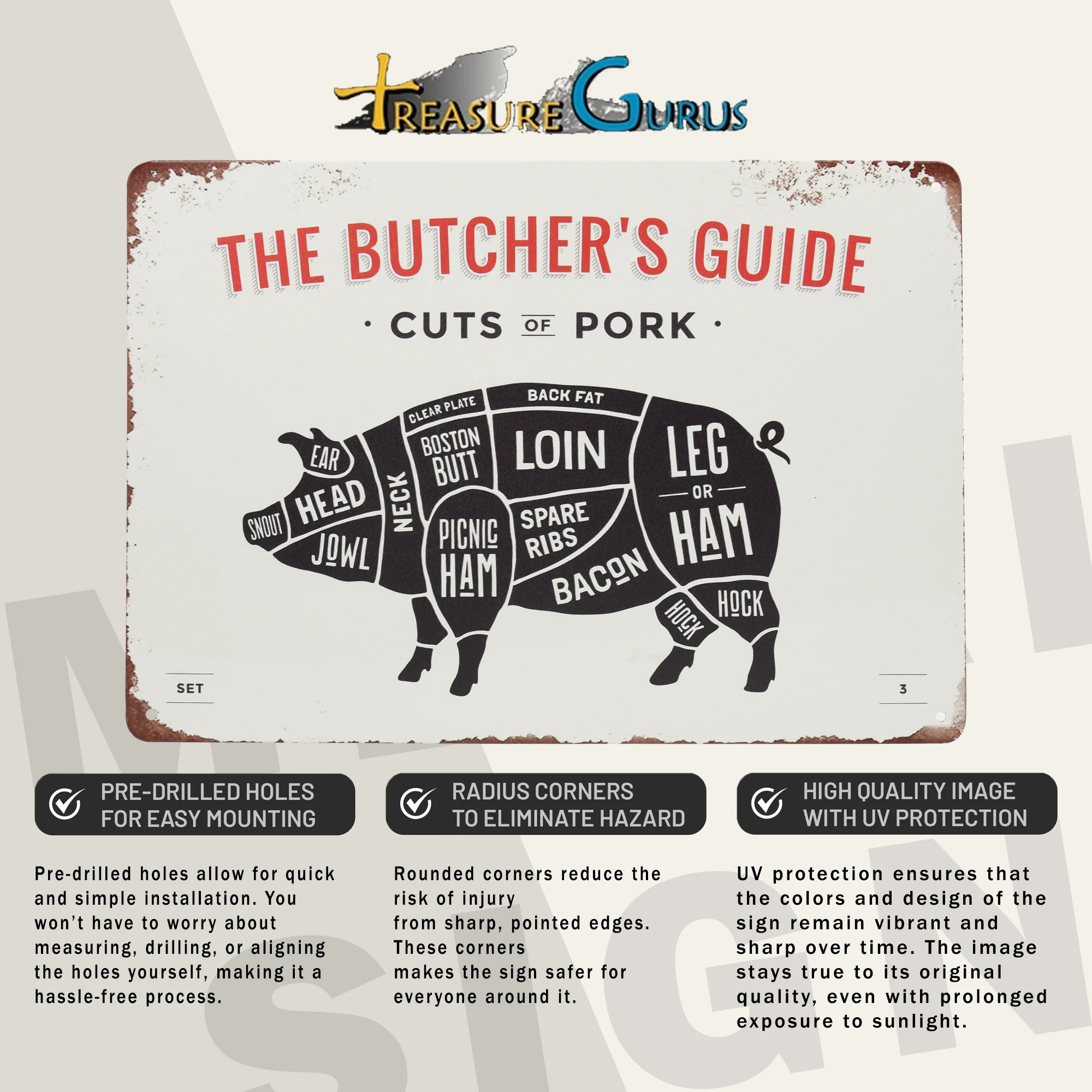Kitchen Wall Decor Cuts of Pork Meat Sign Pig Farmhouse Pantry Wall Art Gift Men - Image 3