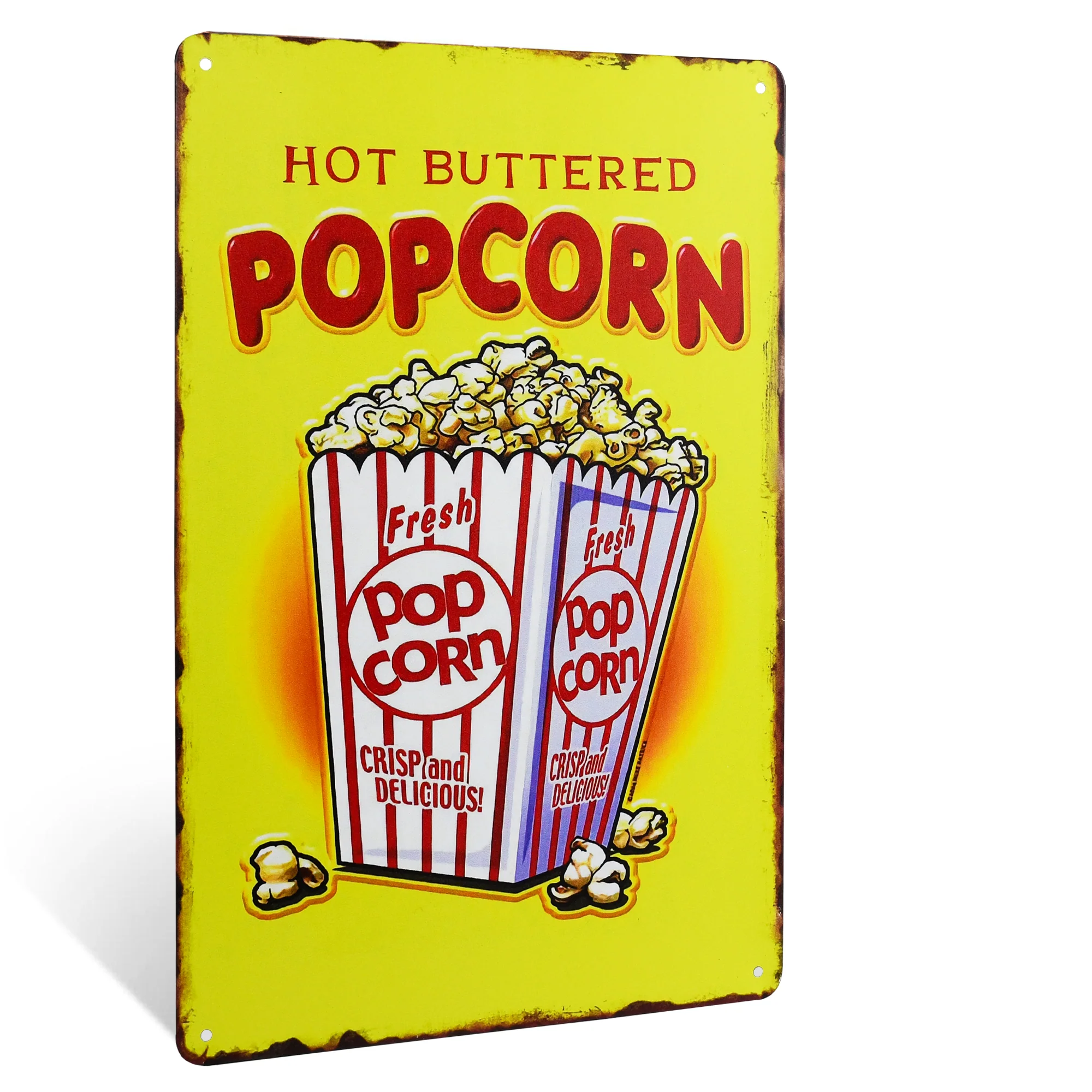 Vintage Metal Hot Buttered Popcorn Movie Theatre Poster Room Sign Wall Decor