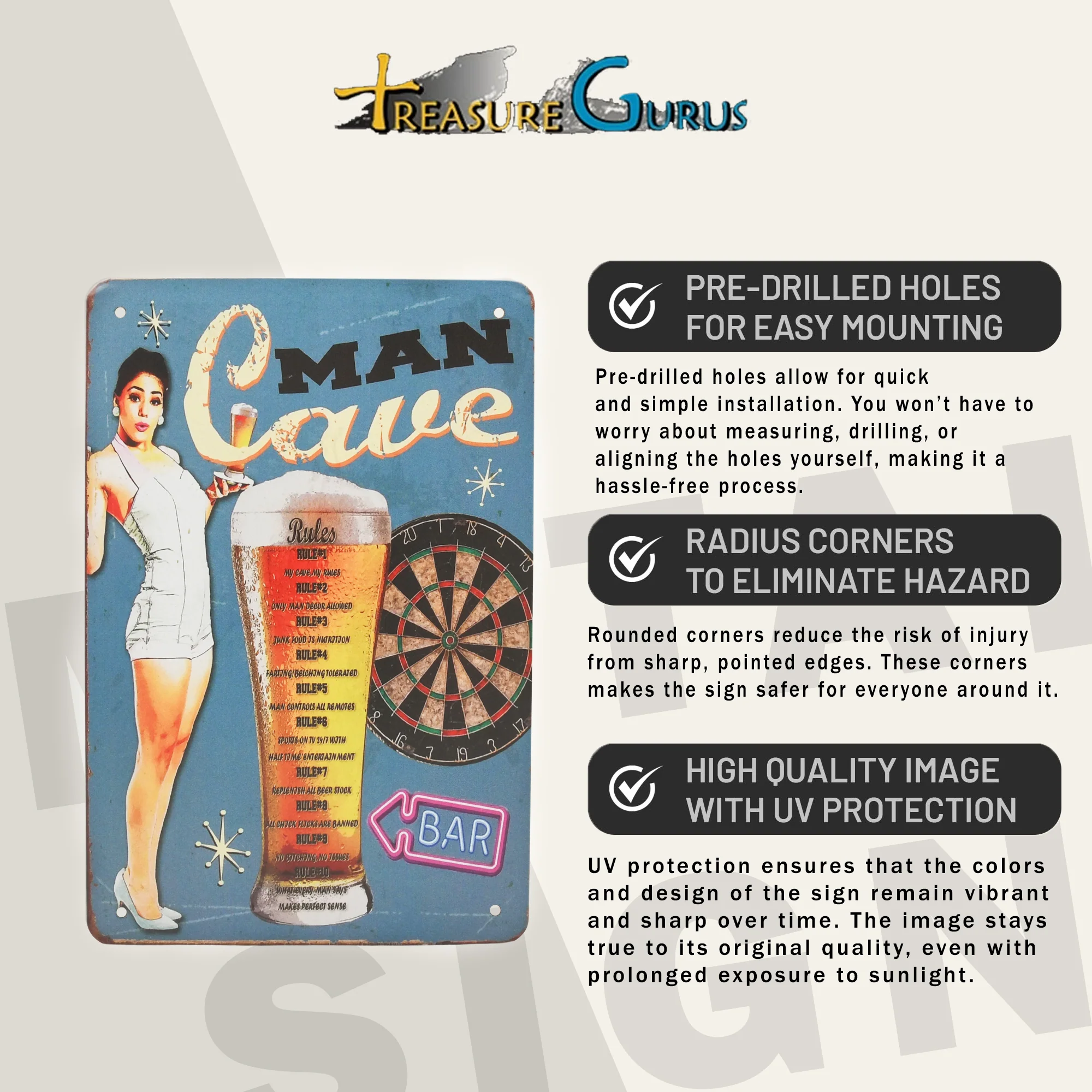 Funny Retro Man Cave Rules Wall Sign for Garage, Dorm Room, Patio Home Room Decor - Image 3