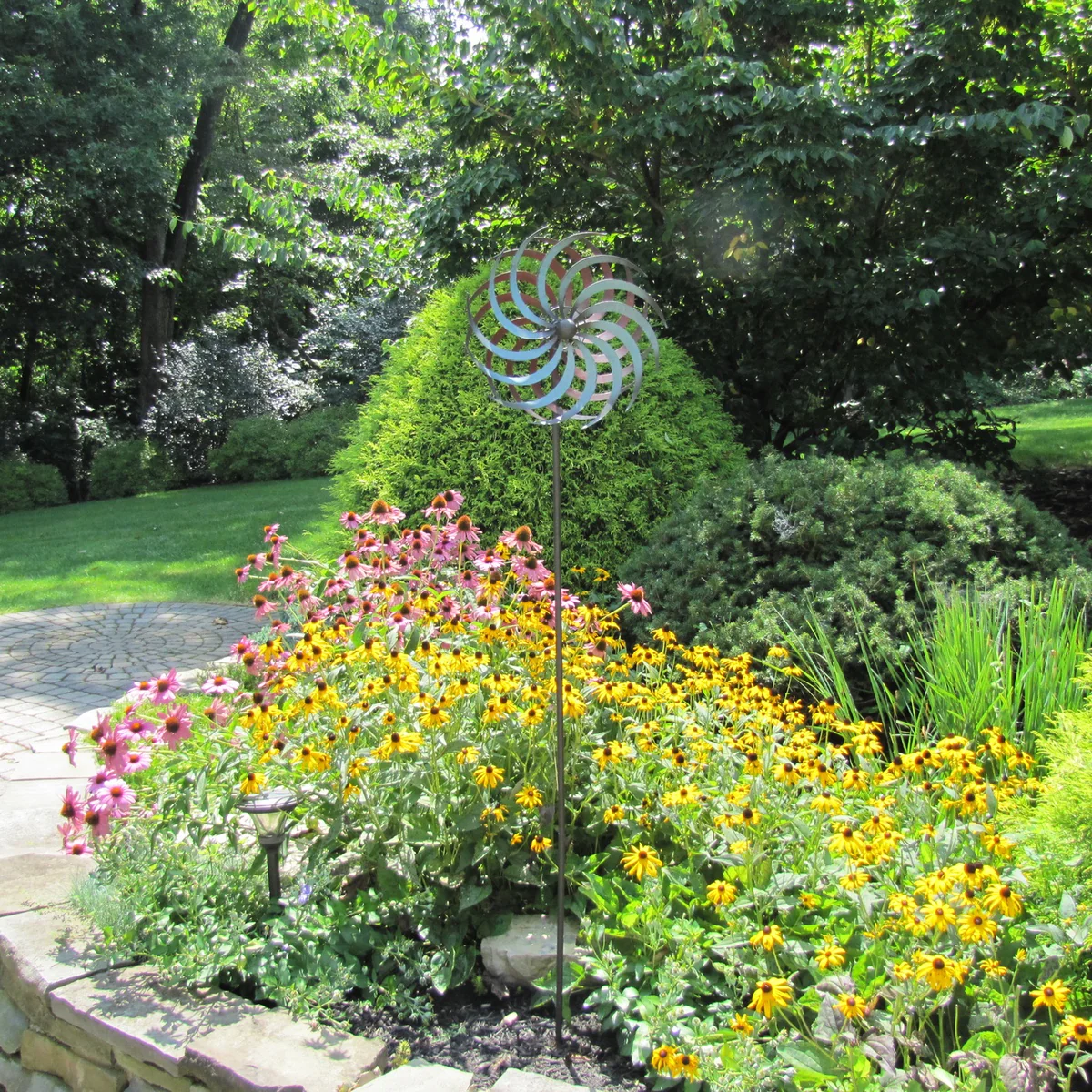 Rustic Metal Garden Art Double Pinwheel Yard Wind Spinner Lawn Ornament Decor - Image 5