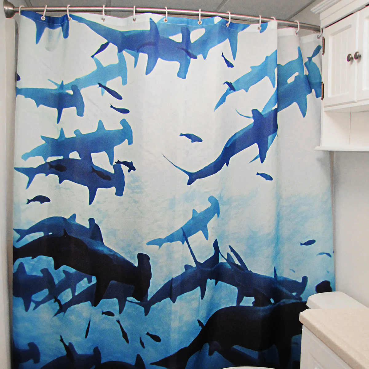 Shark Fabric Shower Curtain Beach Ocean Bathroom Accessories Coastal Home Decor - Image 3