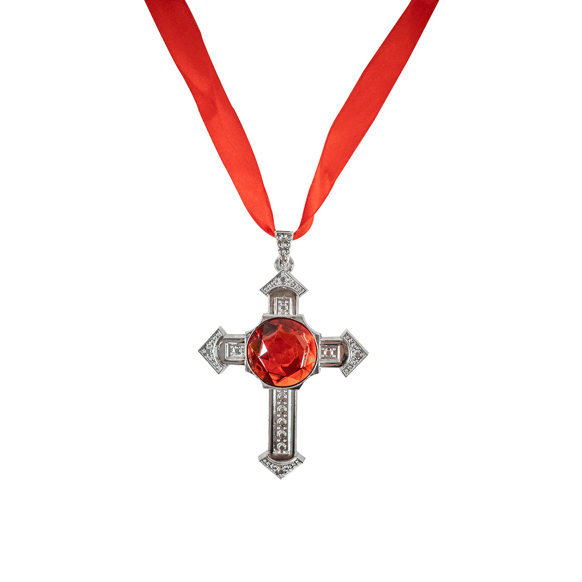 Silver Cross Necklace Red Ruby Stone Pendant Costume Jewelry Fashion Accessory - Image 2