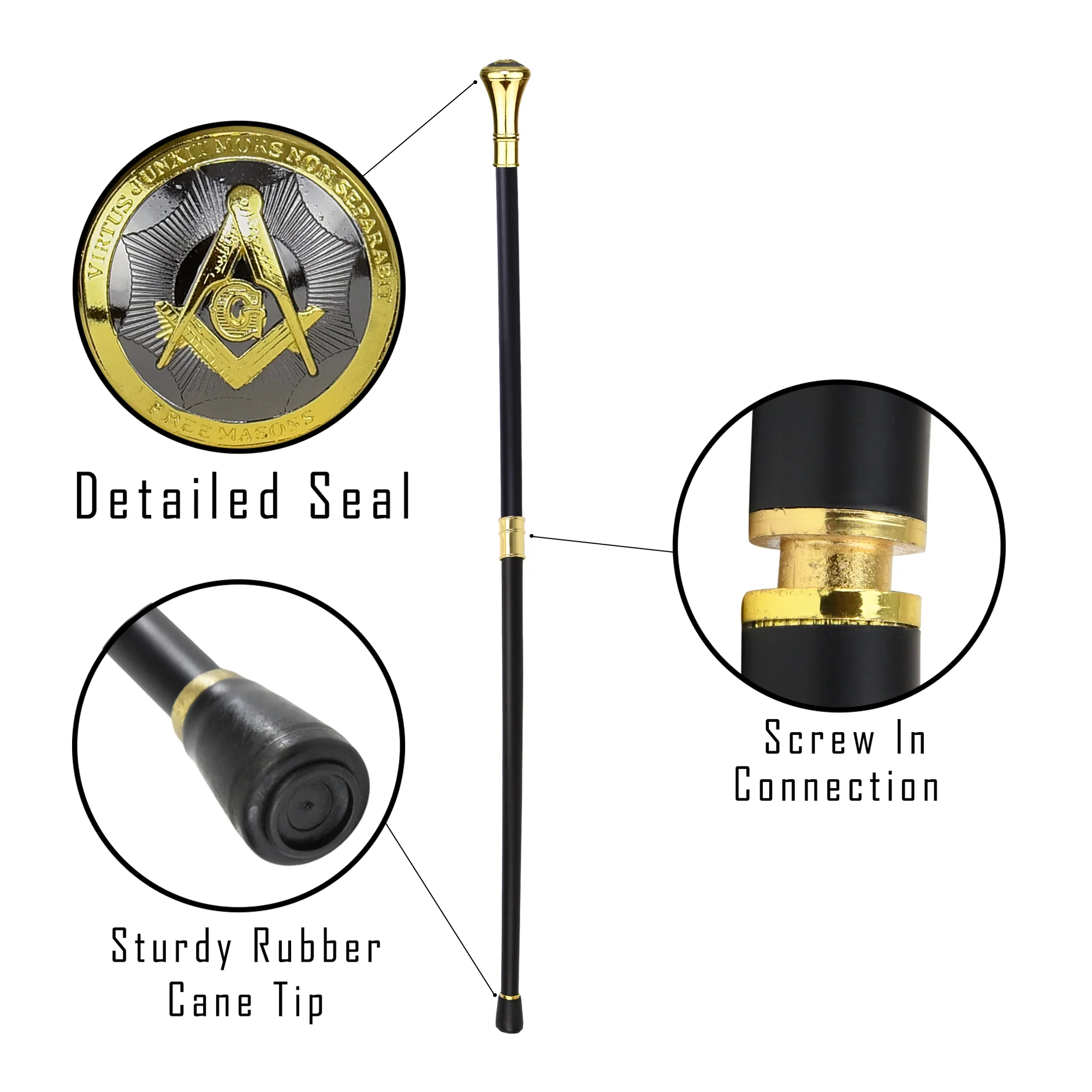 Masonic Walking Stick Master Free Mason Square & Compasses Travel Cane for Men - Image 3