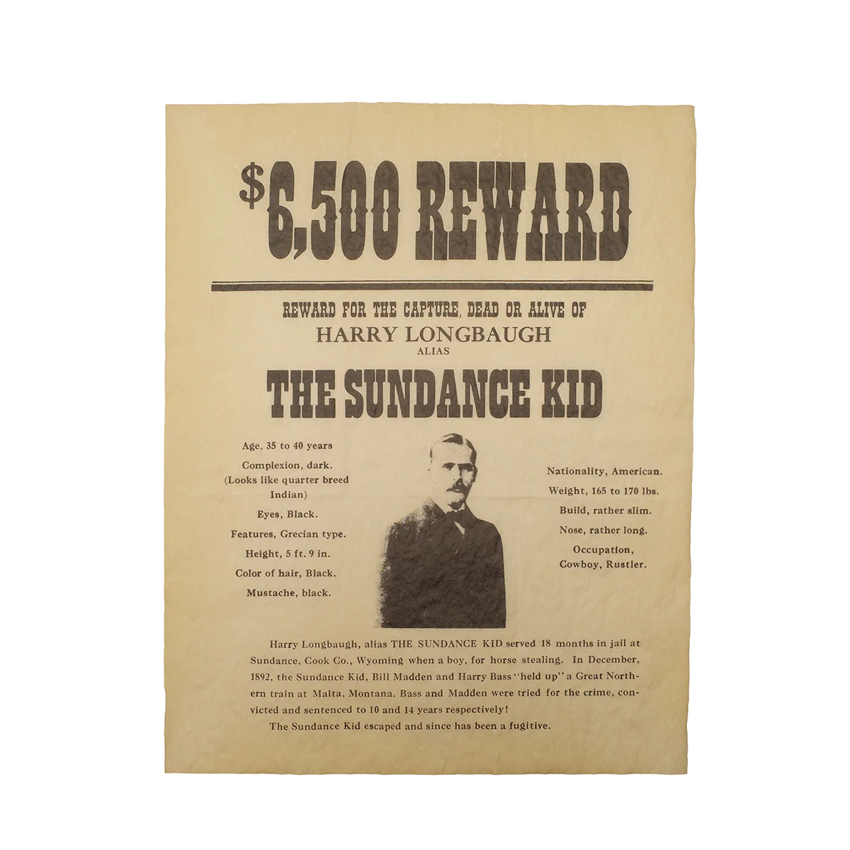Sundance Kid Wanted Reward Poster Parchment Paper Western Outlaws Decor Wall Art