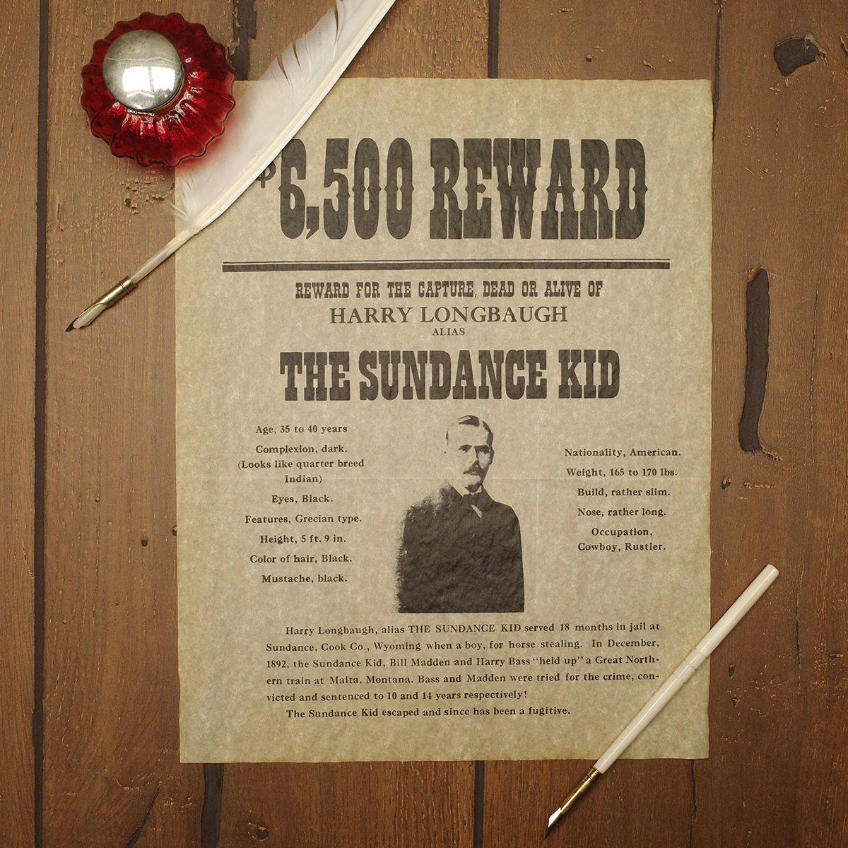 Sundance Kid Wanted Reward Poster Parchment Paper Western Outlaws Decor Wall Art - Image 2