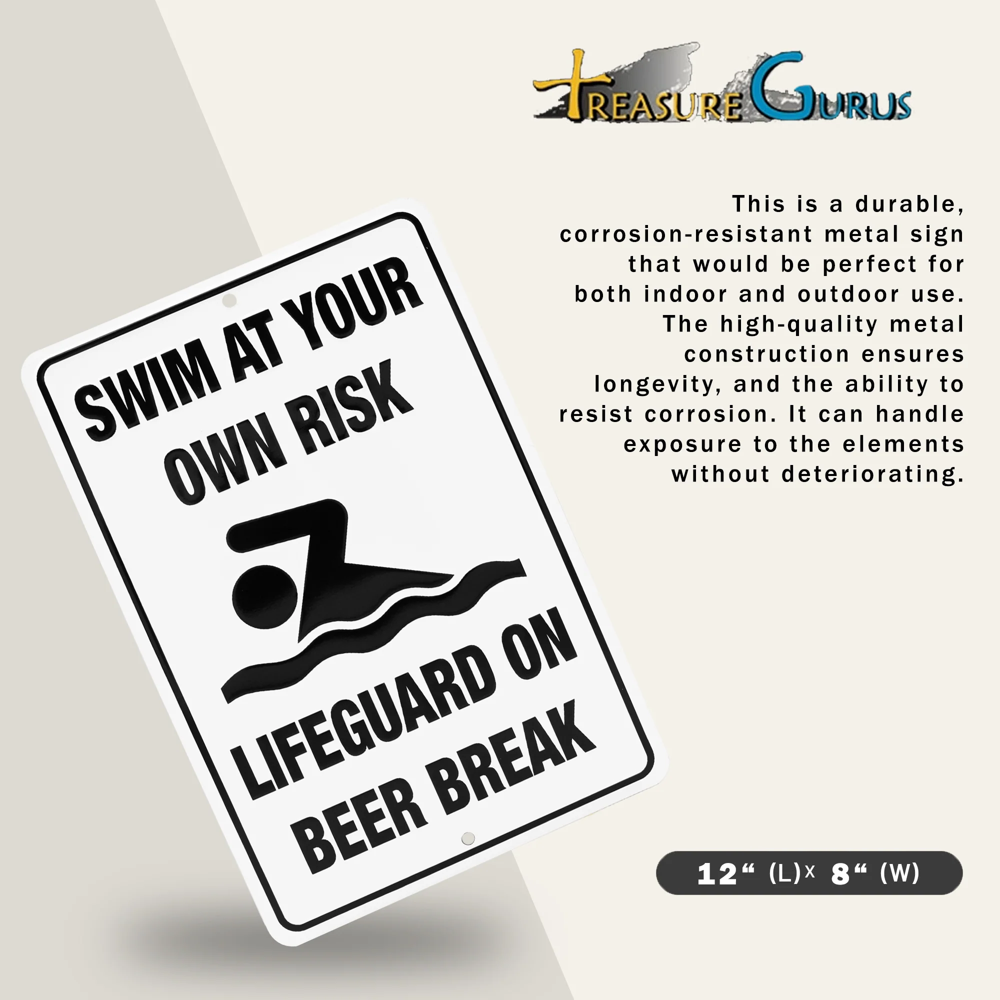 Metal Funny Pool Signs Swim Own Risk Lifeguard Beer Break Patio Bar Party Decor - Image 2