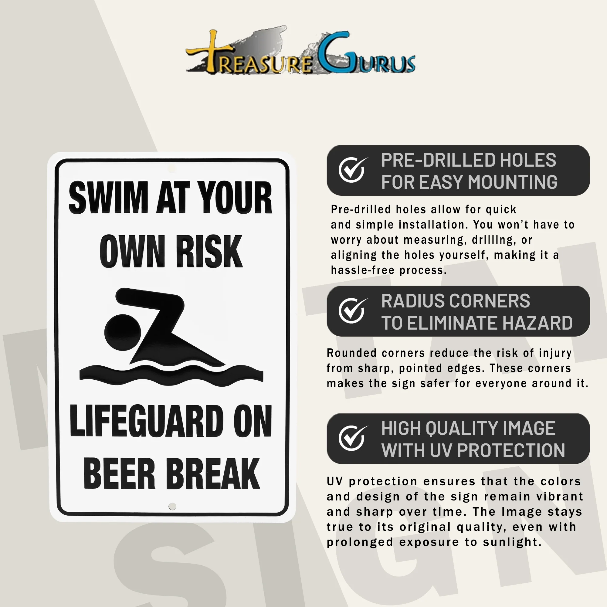 Metal Funny Pool Signs Swim Own Risk Lifeguard Beer Break Patio Bar Party Decor - Image 3
