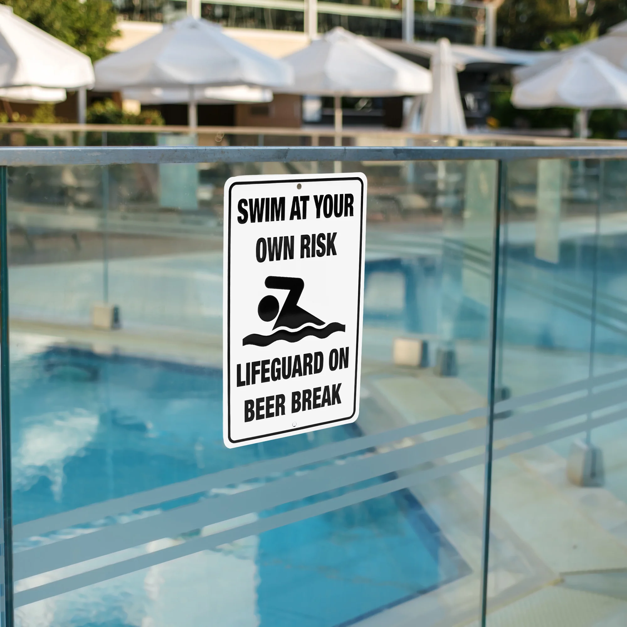 Metal Funny Pool Signs Swim Own Risk Lifeguard Beer Break Patio Bar Party Decor - Image 7