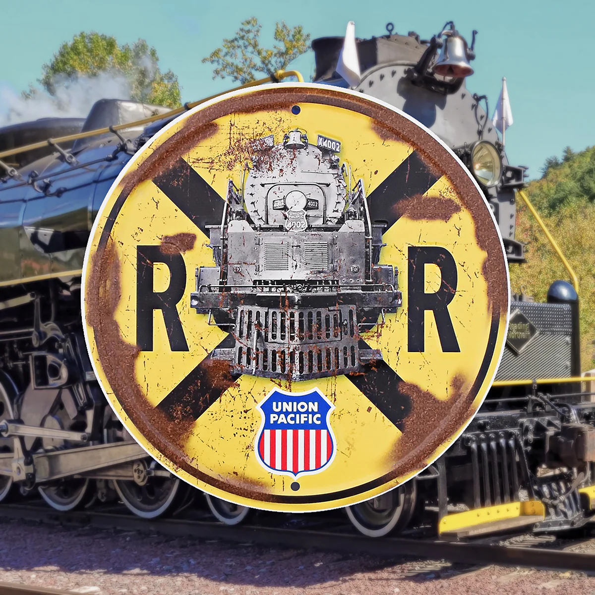 Union Pacific Railroad Crossing Steam Train Sign Rustic RR Wall Art Home Decor - Image 4