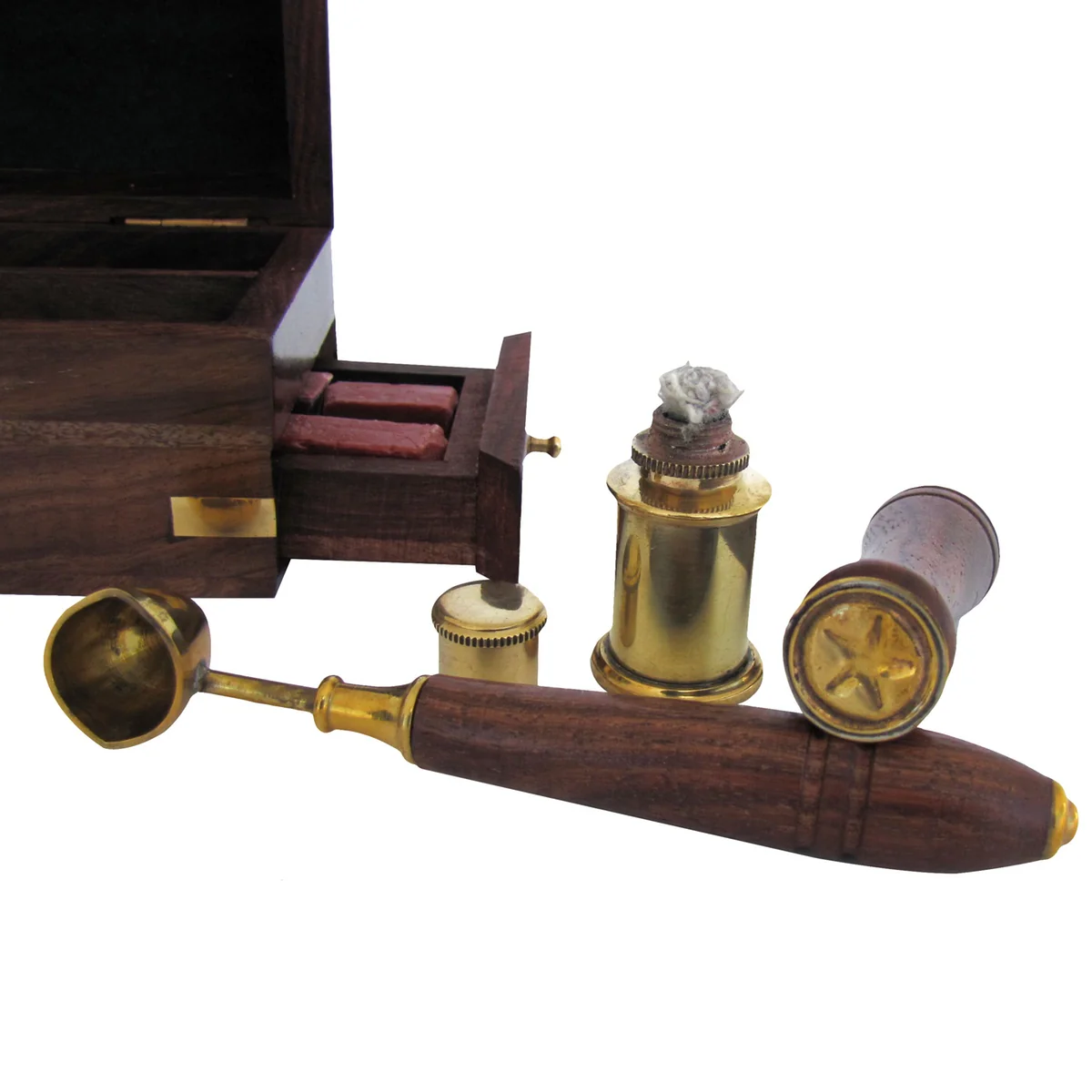 Vintage Antique Brass Wax Seal Stamp Set in Wood Box - Image 3