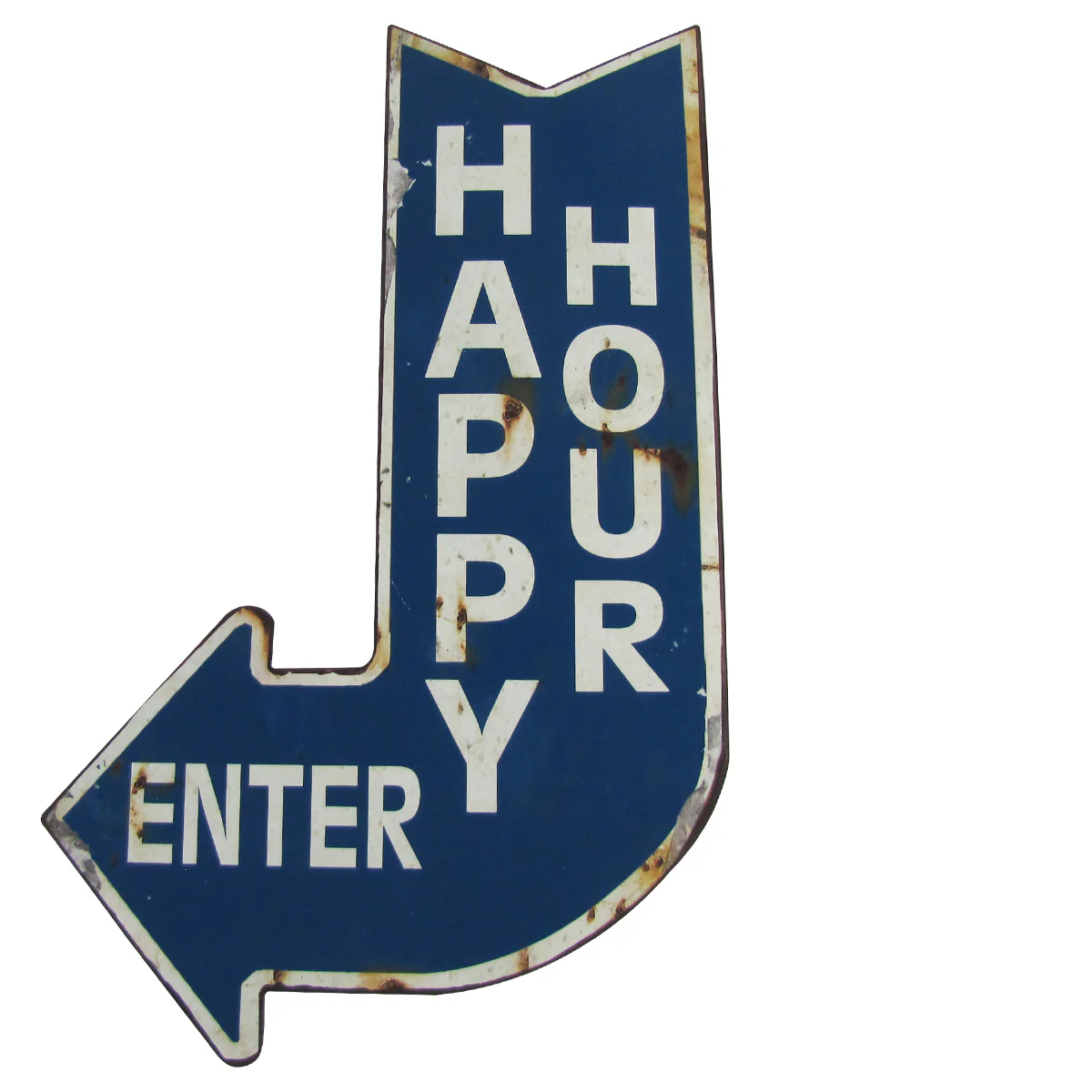Vintage "Happy Hour Enter" Curved Arrow Metal Sign