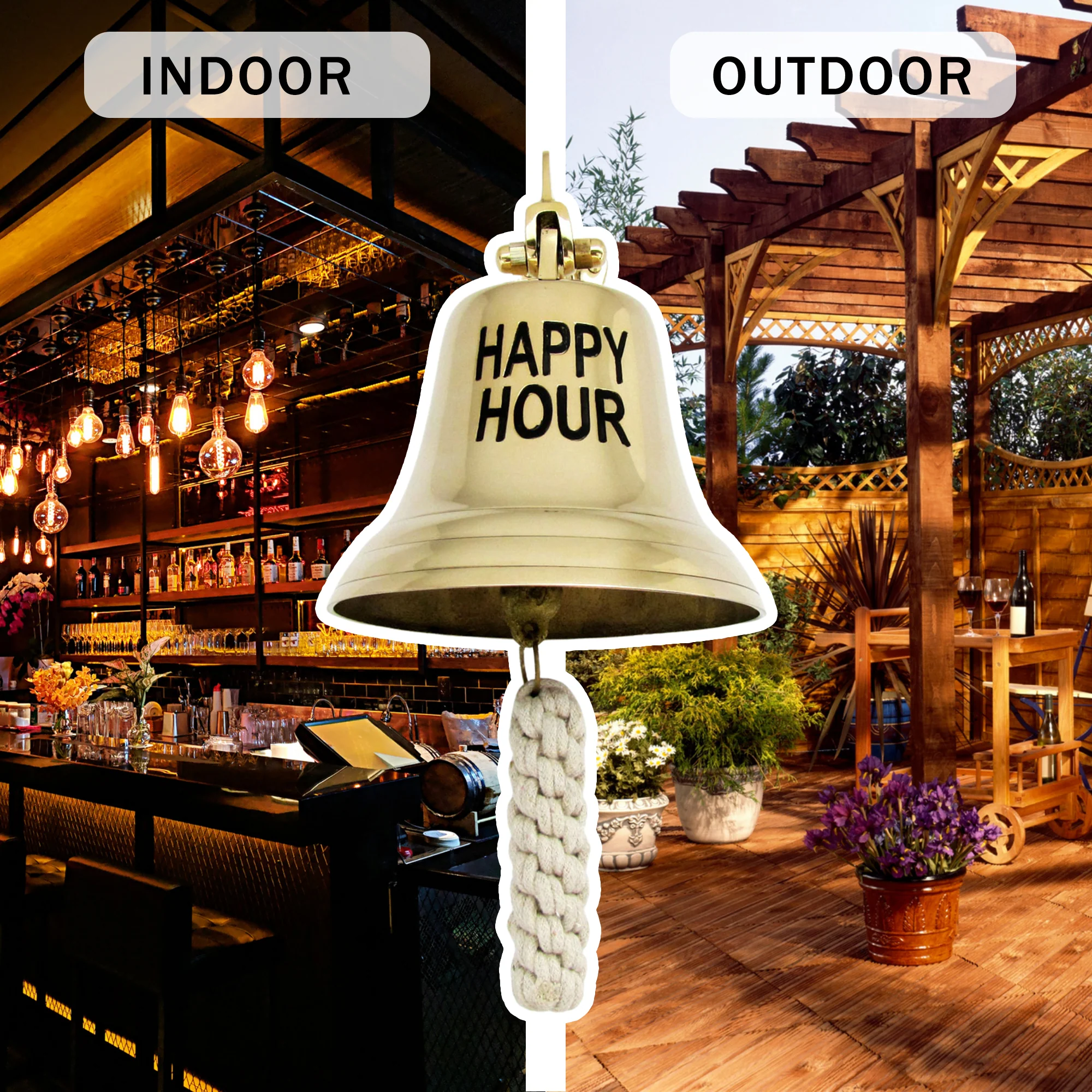 Brass Happy Hour Bell Large Hanging Outdoor Bar House Decor Call for Drink 6" - Image 3